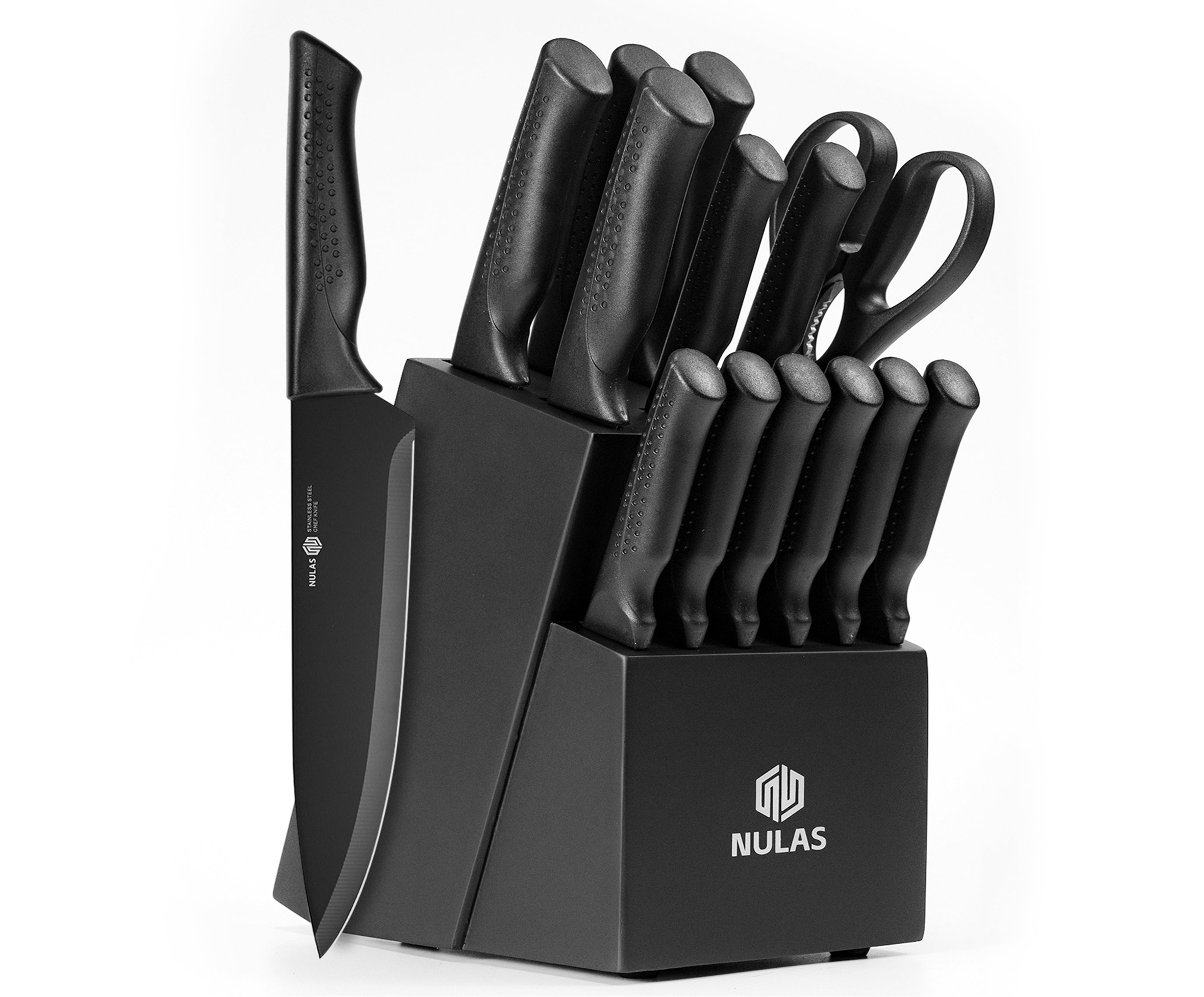 NULAS Knife Set, 15 Pcs Kitchen Knife Set with Block Self Sharpening, Dishwasher Safe, 6 Steak Knives, Anti-slip handle, Black