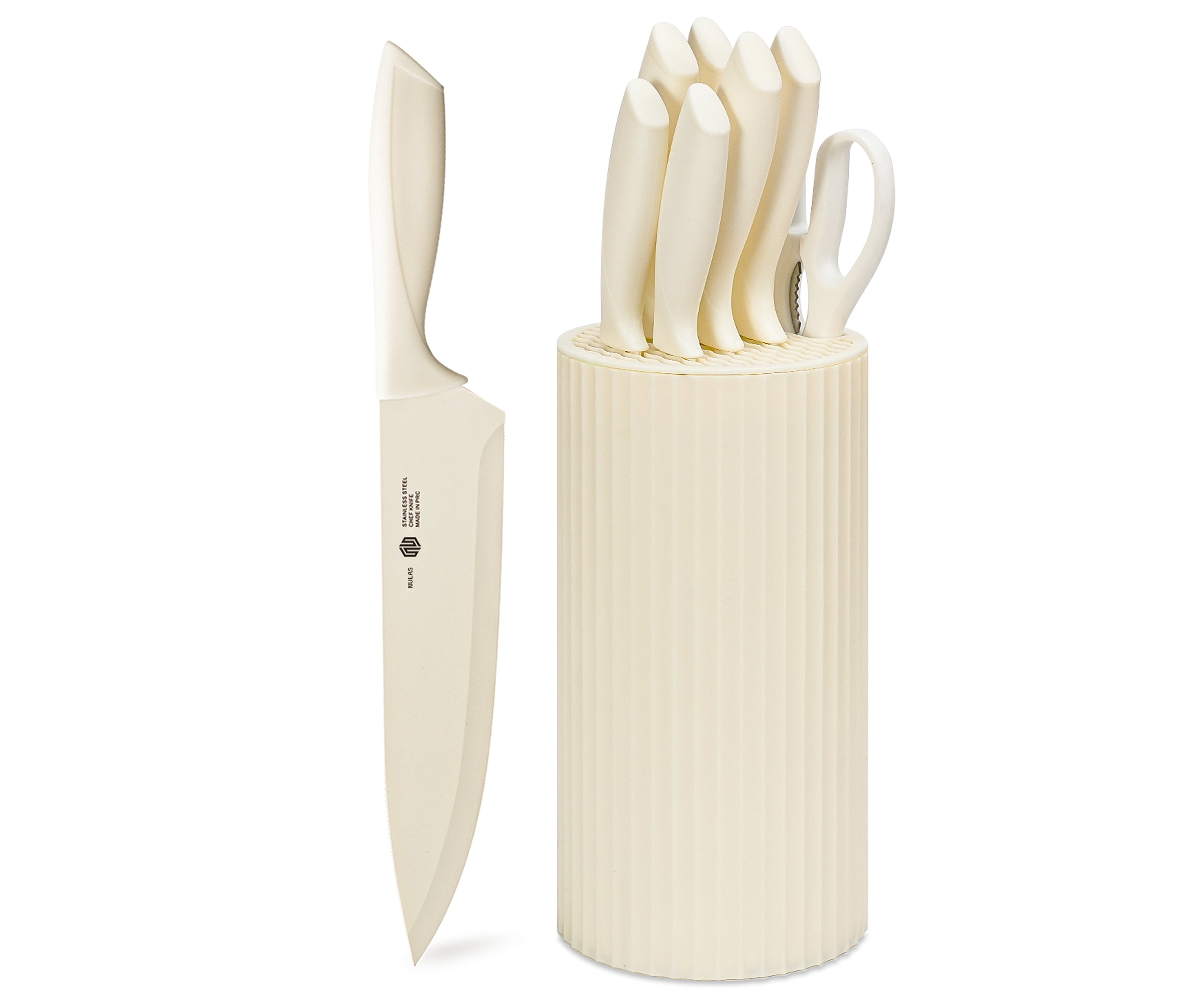 NULAS Knife Set, 8-Piece Kitchen Knife Set for Chef, Sharp Knife Set with Universal Knife Block, Anti-Rust Kitchen Knife Block Set, Ergonomical Design (White)