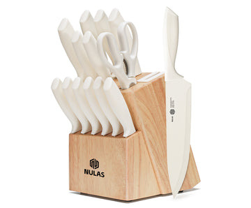 NULAS Knife Set,15 Pcs Kitchen Knife Set with Block Self Sharpening, Dishwasher Safe, Anti-slip Handle (Beige)