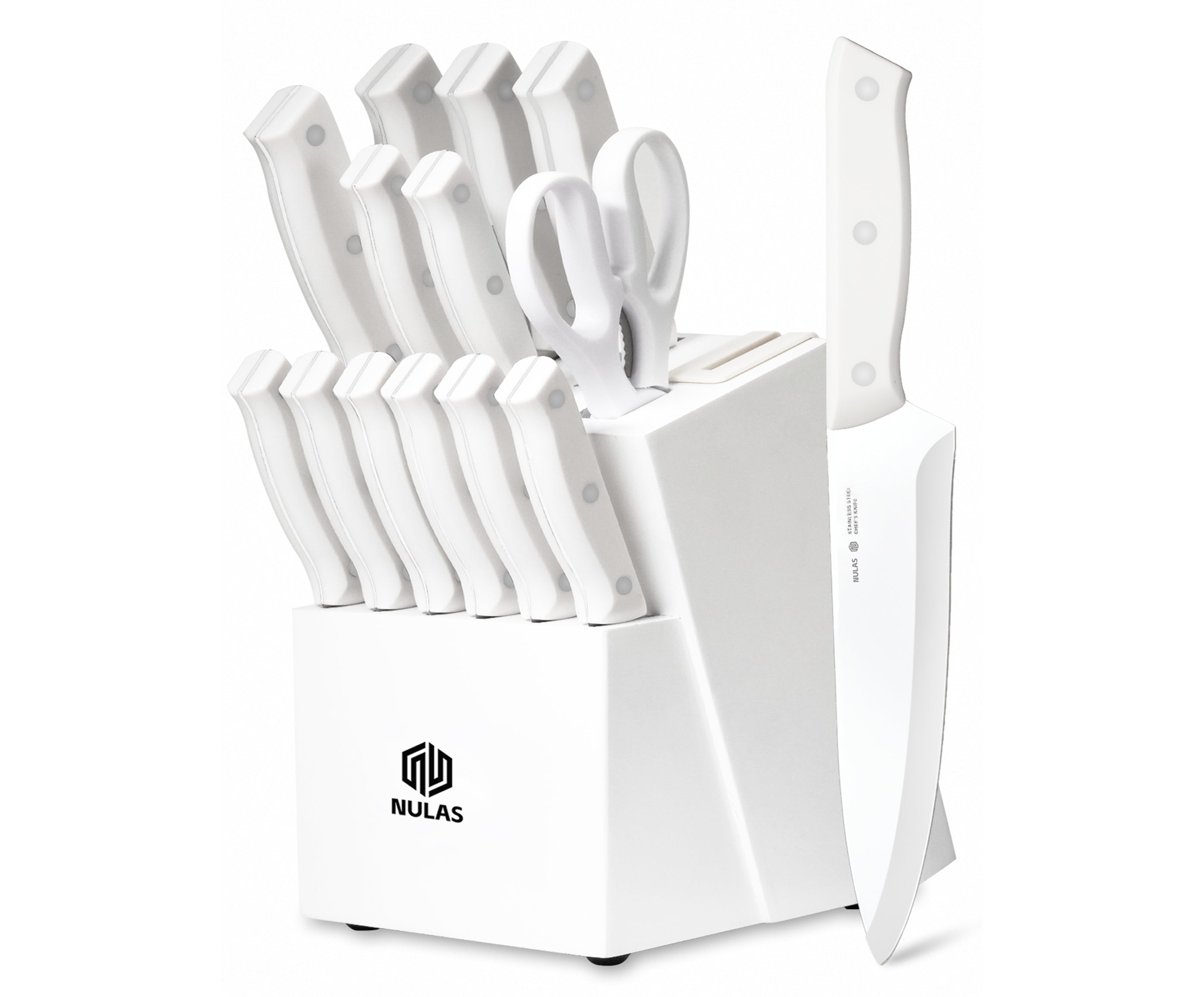 NULAS Knife Set, 15 Piece Kitchen Knife Set with Block and Built-in Sharpener, Dishwasher Safe, Anti-slip Handle, White