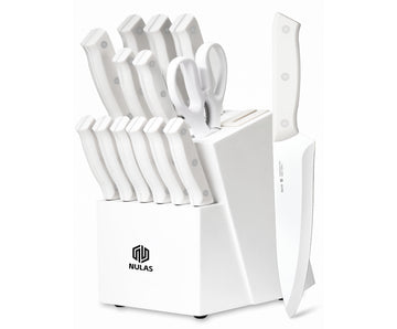 NULAS Knife Set, 15 Piece Kitchen Knife Set with Block and Built-in Sharpener, Dishwasher Safe, Anti-slip Handle, White