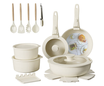 NULAS 20-Piece Nonstick  Pots and Pans Cookware Set with Detachable Handles, Dishwasher Safe, Stackable Space-Saving Design for Kitchen & RV, White