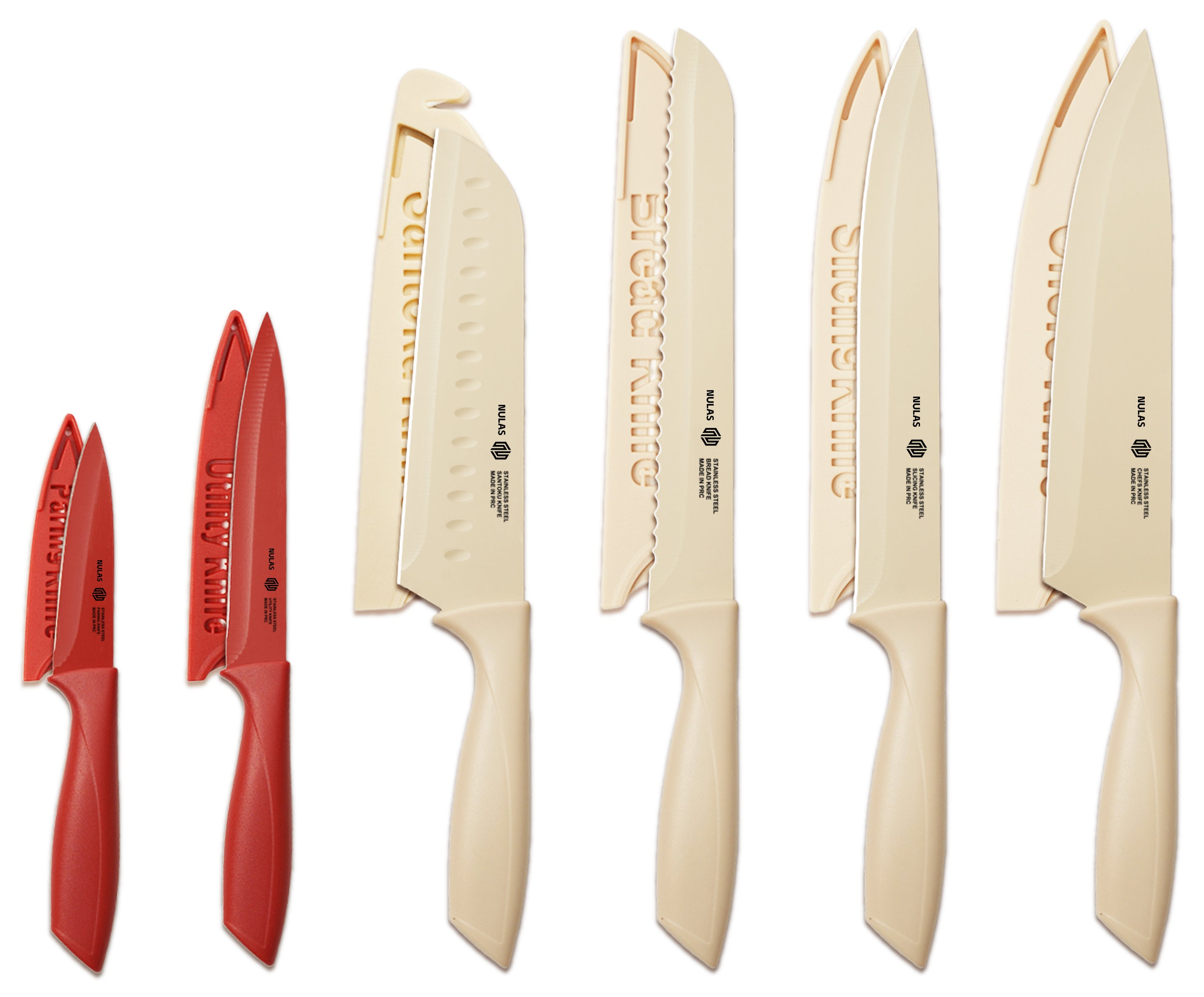 NULAS Colorful Kitchen Knife Set, 6 Sharp Kitchen Knives with Covers for Cooking, Cutting&Chopping , Stainless  Steel Knives ,Beige