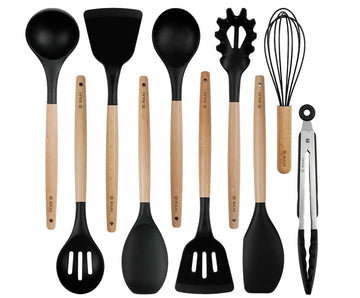 NULAS Silicone Cooking Utensils Set 10 Pcs - BPA Free Kitchen Utensil Set with Heat-Resistant Wood Handles, Non-Scratch Spatula Set Safe for Nonstick Cookware (Black)
