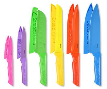 NULAS Knife Set, 12-PC Colorful Kitchen Knife Set, 6 Sharp Kitchen Knives with Built-in Sharpener Covers for Cooking, Cutting&Chopping (Multicolor)