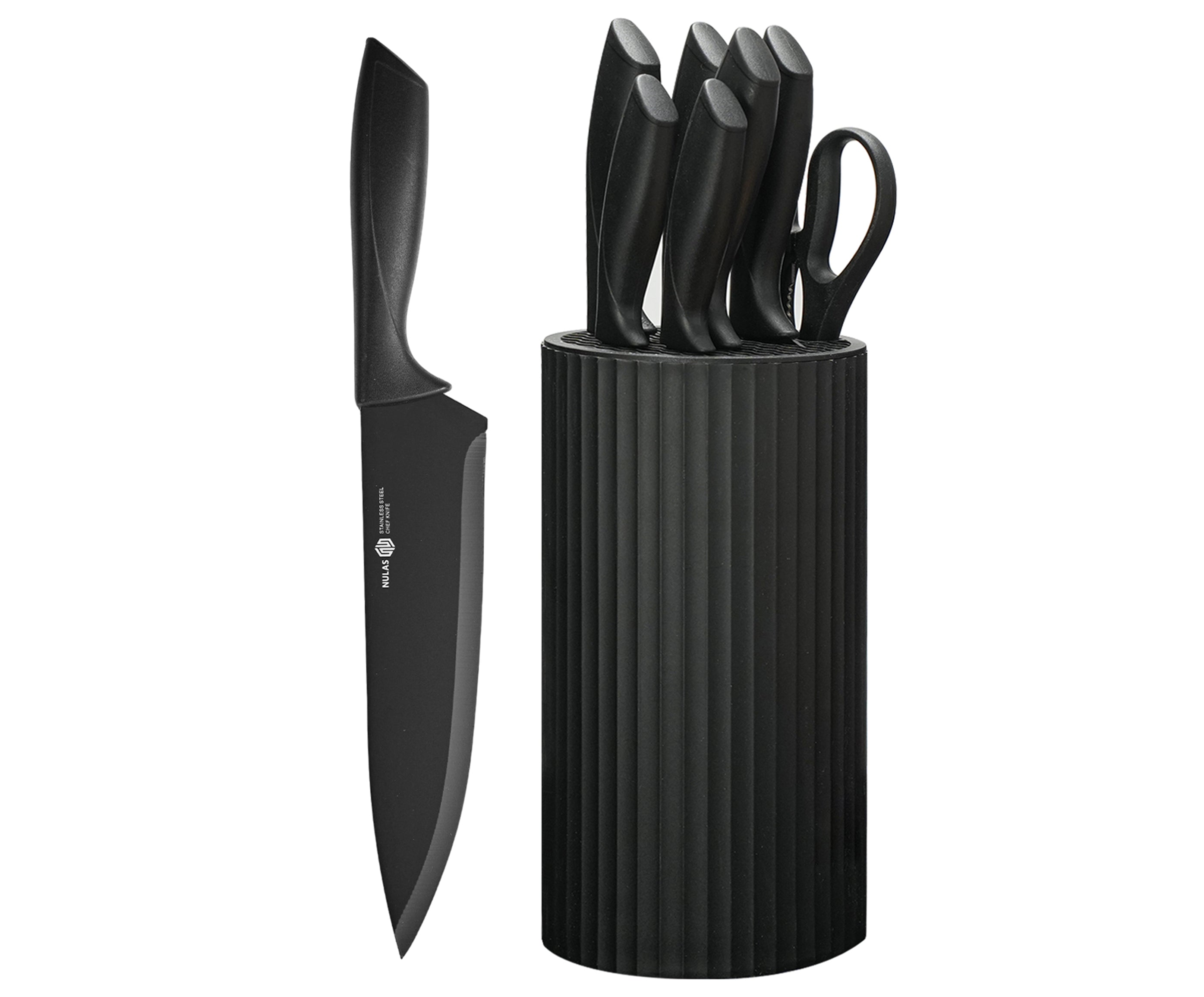 NULAS Knife Set, 8-Piece Kitchen Knife Set for Chef, Sharp Knife Set with Universal Knife Block, Anti-Rust Kitchen Knife Block Set, Ergonomical Design (Black)