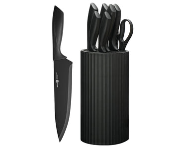 NULAS Knife Set, 8-Piece Kitchen Knife Set for Chef, Sharp Knife Set with Universal Knife Block, Anti-Rust Kitchen Knife Block Set, Ergonomical Design (Black)