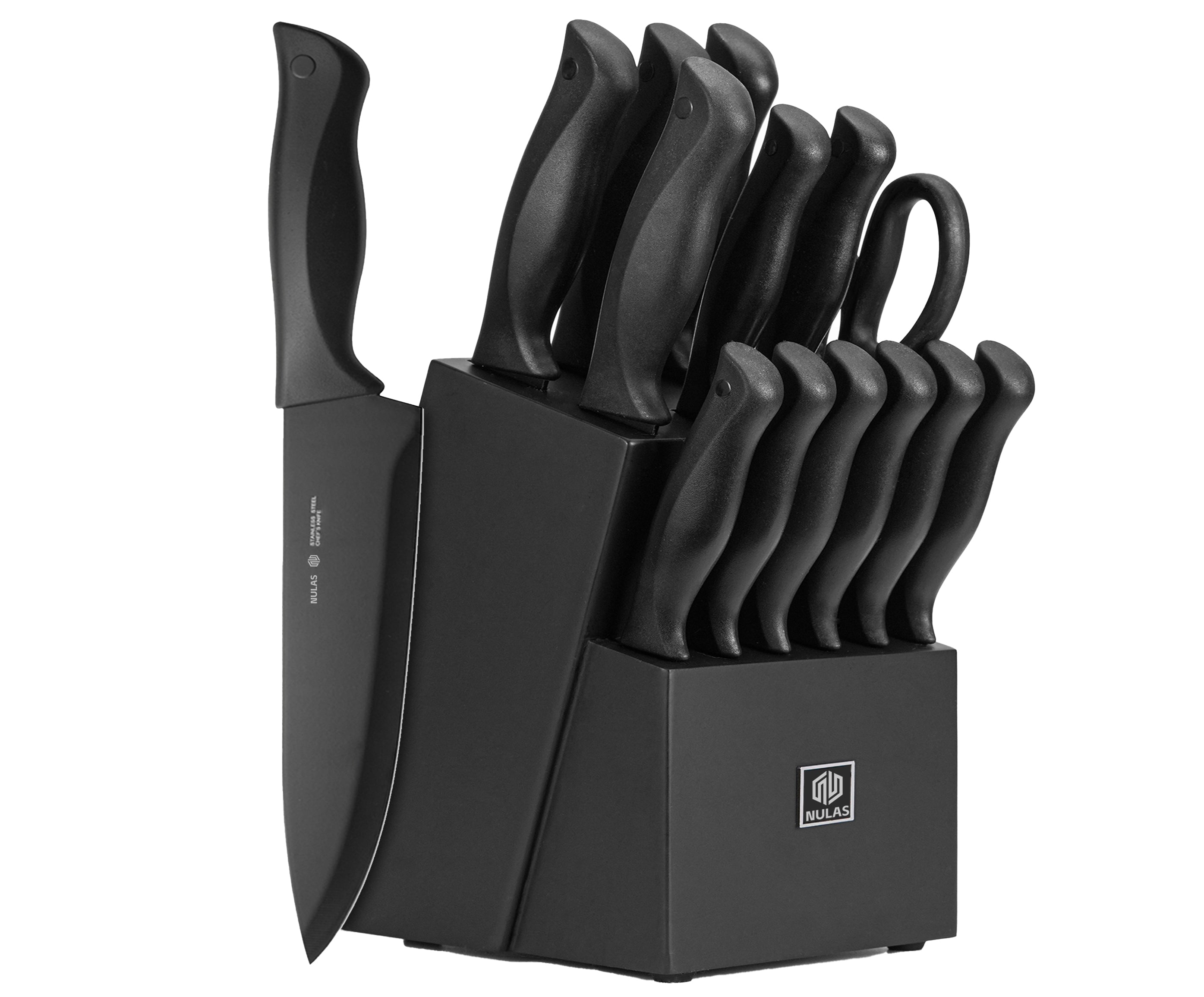 NULAS 15 Pcs Kitchen Knife Set with Block Self Sharpening, Dishwasher Safe, Anti-slip Handle, Black
