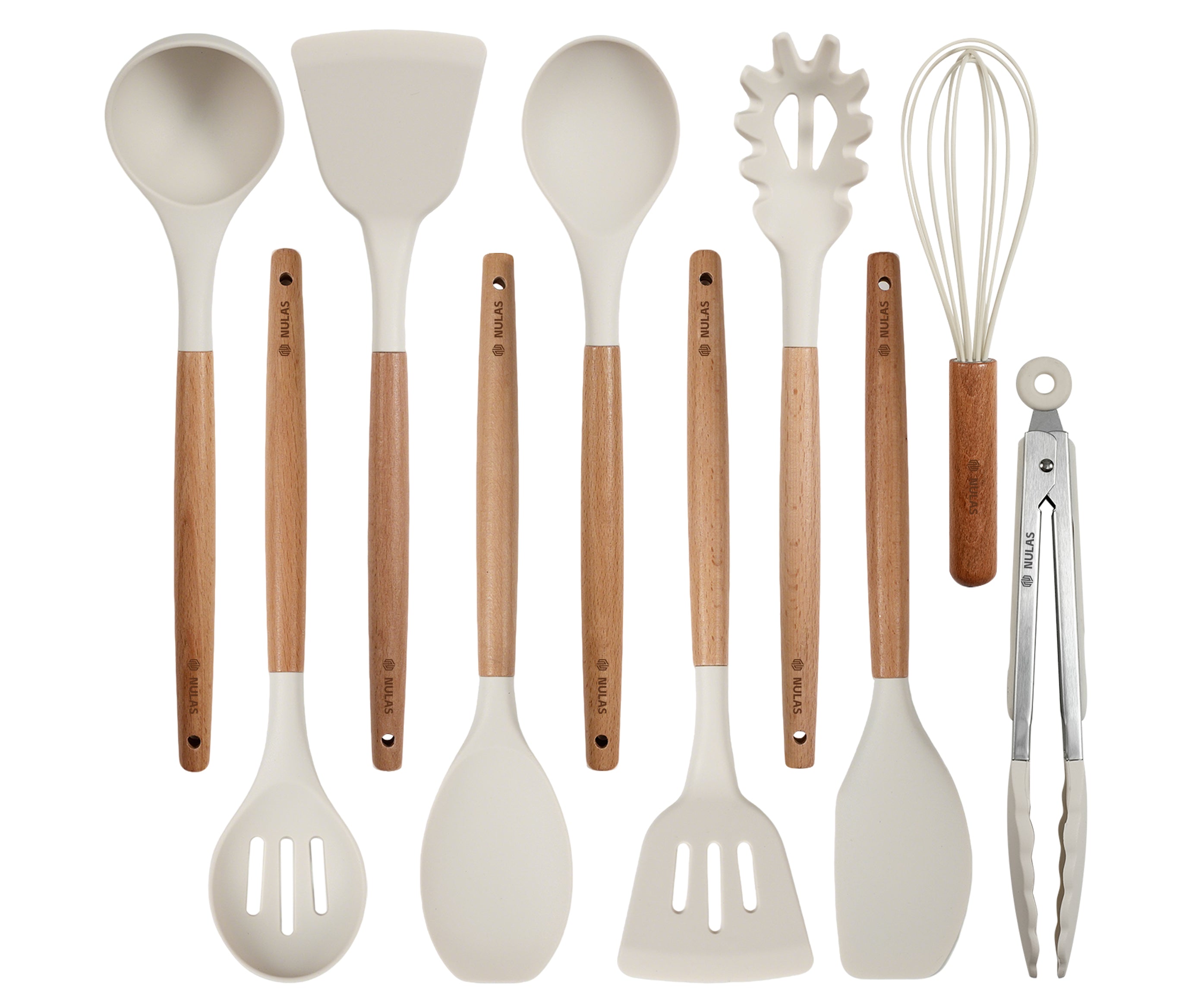 NULAS Silicone Cooking Utensils Set 10 Pcs - BPA Free Kitchen Utensil Set with Heat-Resistant Wood Handles, Non-Scratch Spatula Set Safe for Nonstick Cookware (White)