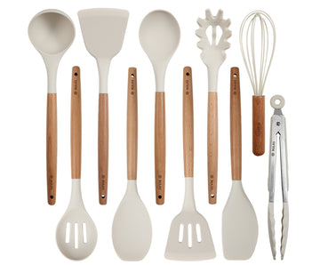 NULAS Silicone Cooking Utensils Set 10 Pcs - BPA Free Kitchen Utensil Set with Heat-Resistant Wood Handles, Non-Scratch Spatula Set Safe for Nonstick Cookware (White)