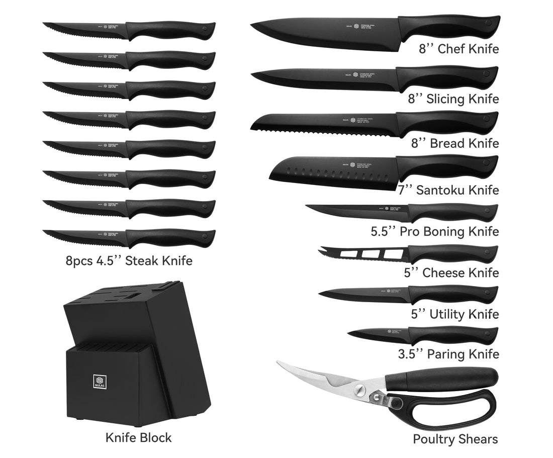 NULAS Knife Sets for Kitchen with Block, 19 Pcs Kitchen Knife Set with Block Self Sharpening, Dishwasher Safe, Anti-slip Handle, Black