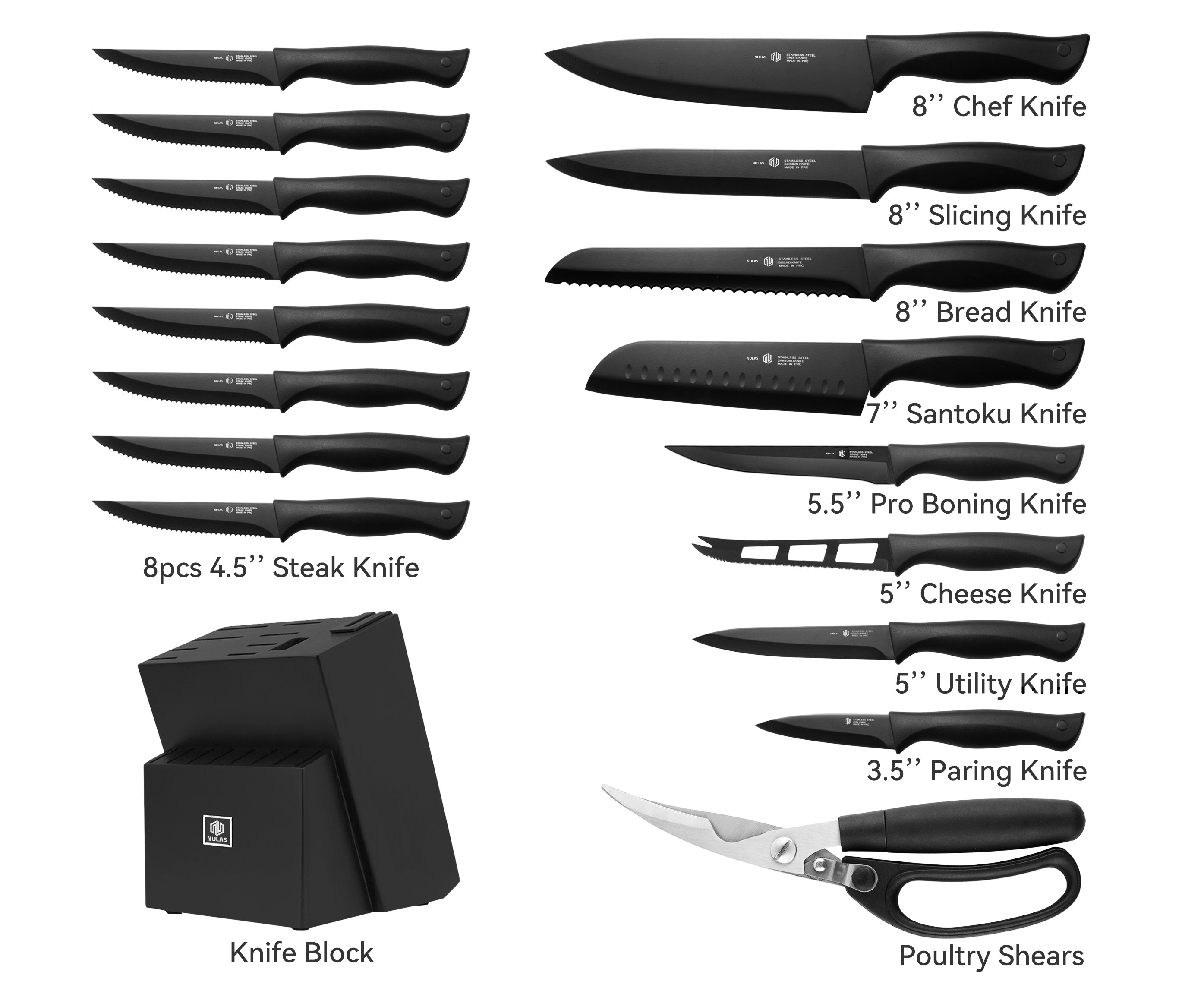 NULAS Knife Sets for Kitchen with Block, 19 Pcs Kitchen Knife Set with Block Self Sharpening, Dishwasher Safe, Anti-slip Handle, Black