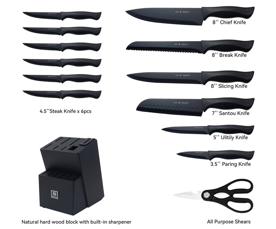 NULAS 15 Pcs Kitchen Knife Set with Block Self Sharpening, Dishwasher Safe, Anti-slip Handle, Black