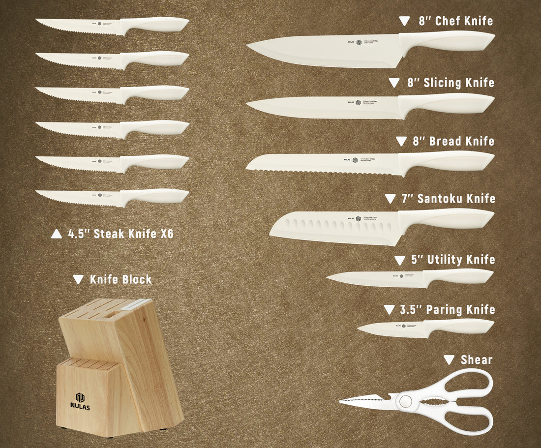 NULAS Knife Set,15 Pcs Kitchen Knife Set with Block Self Sharpening, Dishwasher Safe, Anti-slip Handle (Beige)