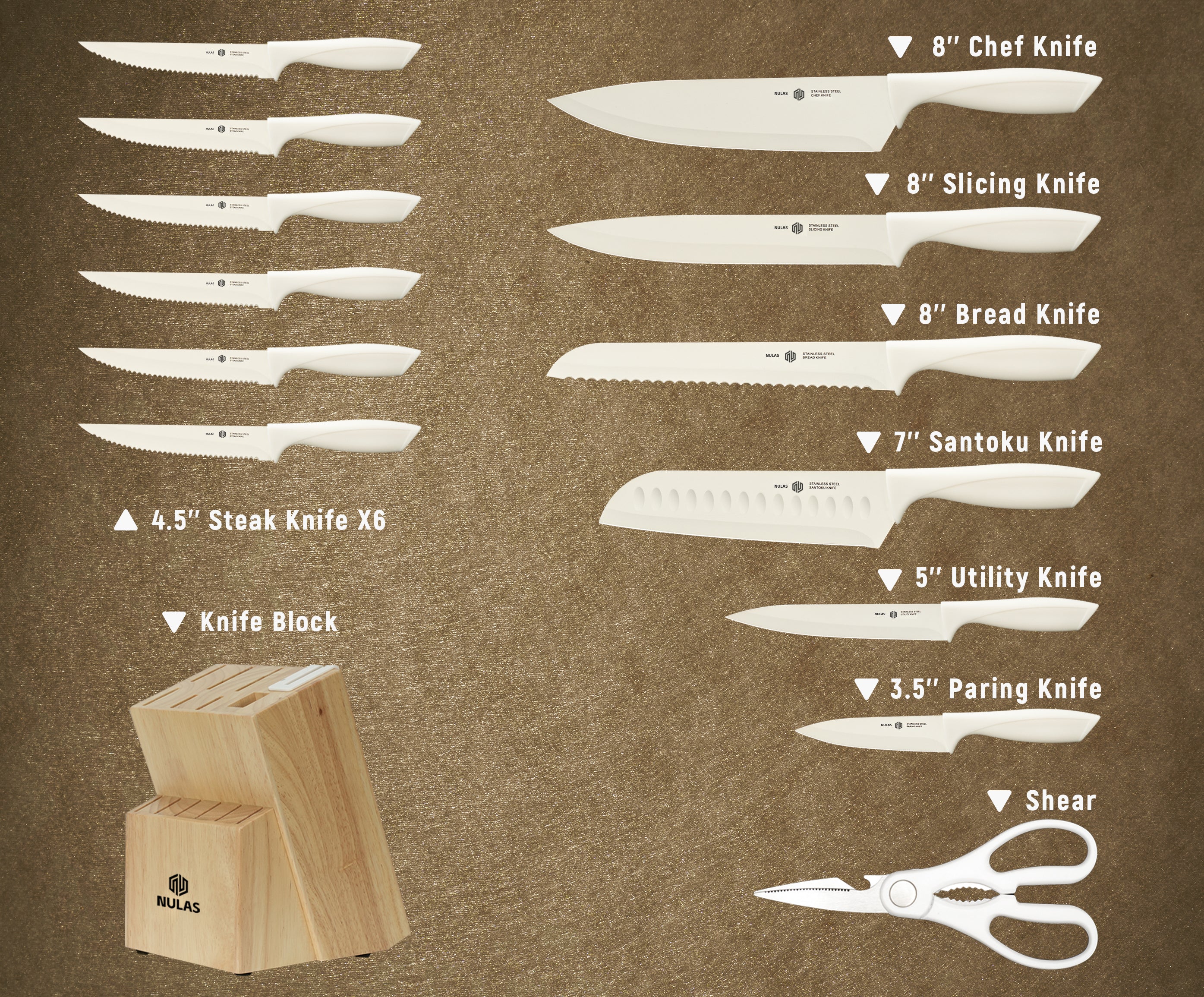 NULAS Knife Set,15 Pcs Kitchen Knife Set with Block Self Sharpening, Dishwasher Safe, Anti-slip Handle (Beige)