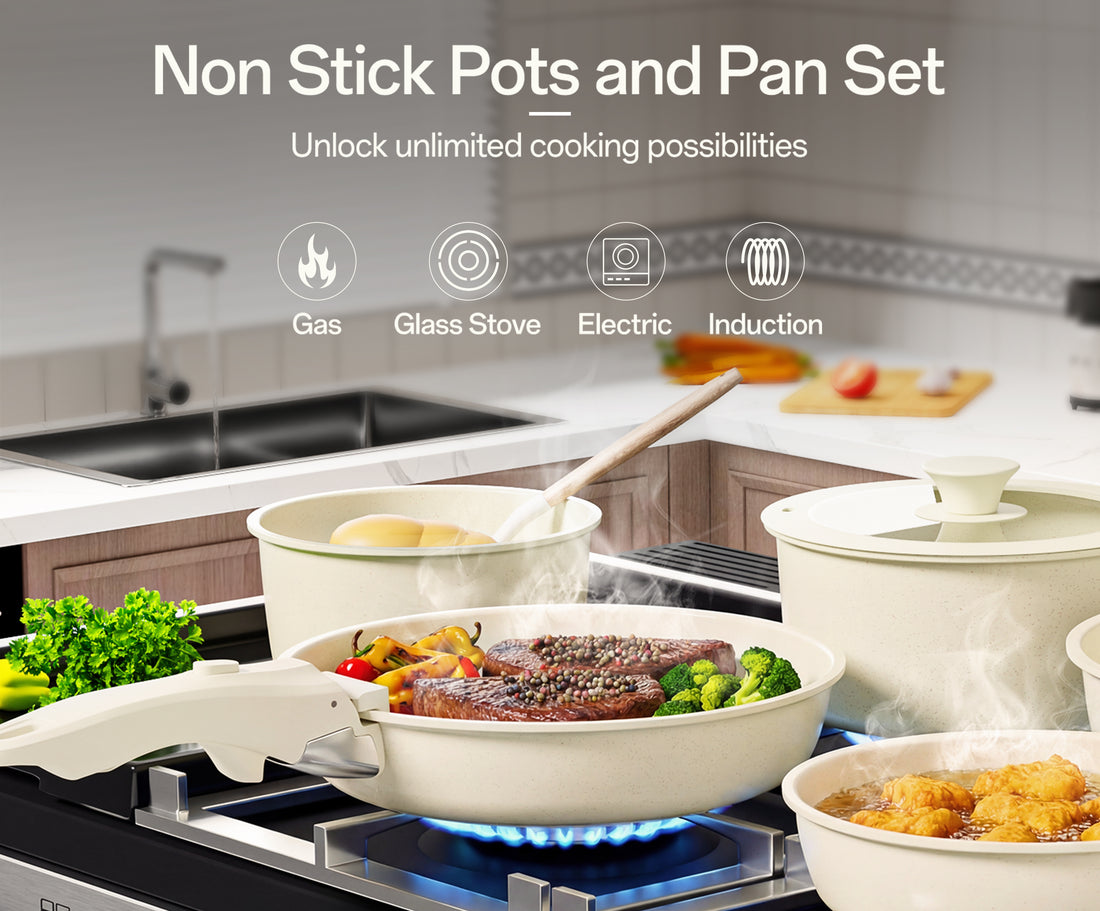 NULAS 20-Piece Nonstick  Pots and Pans Cookware Set with Detachable Handles, Dishwasher Safe, Stackable Space-Saving Design for Kitchen & RV, White
