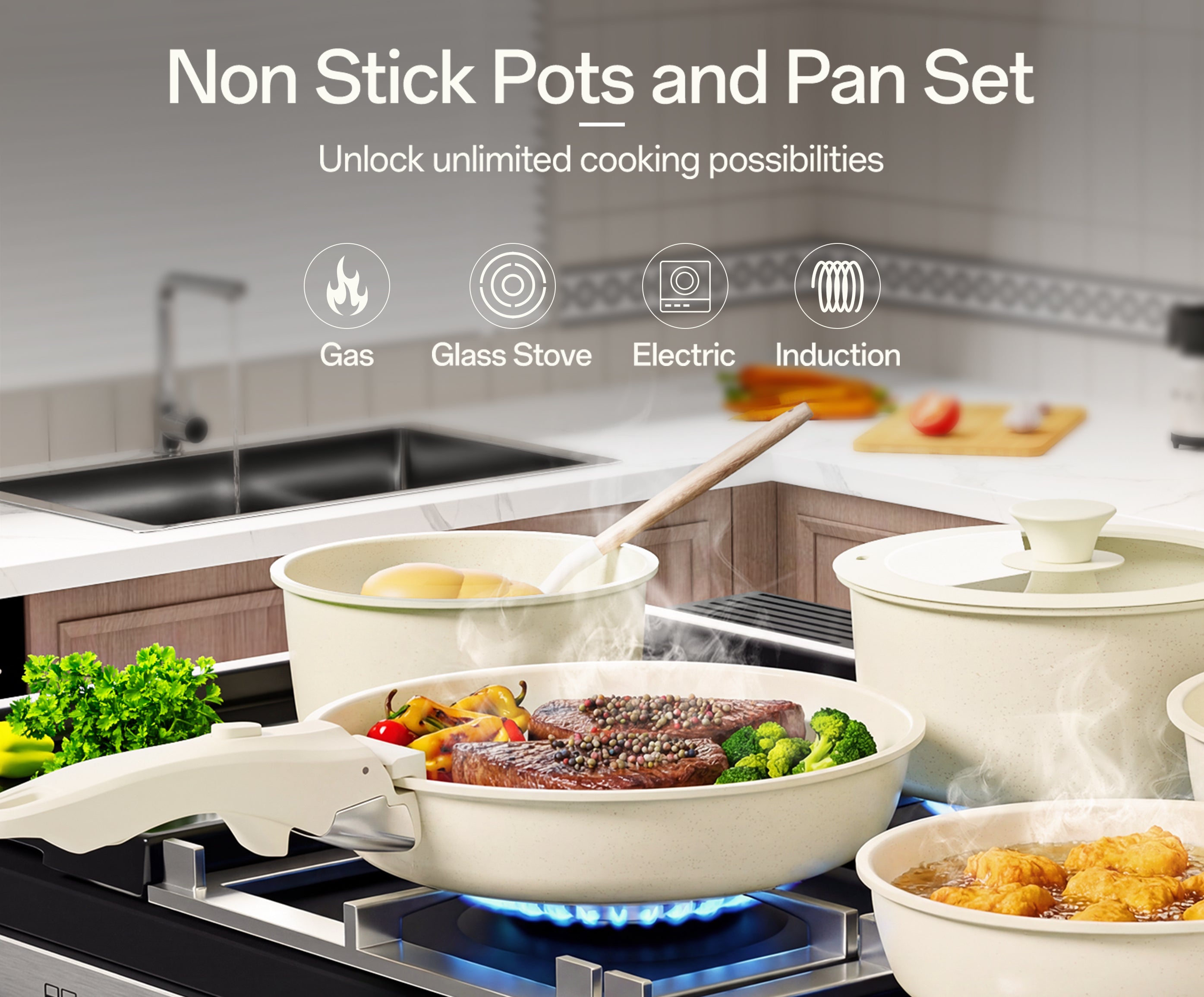 NULAS 20-Piece Nonstick  Pots and Pans Cookware Set with Detachable Handles, Dishwasher Safe, Stackable Space-Saving Design for Kitchen & RV, White