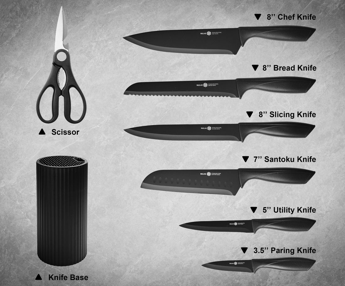 NULAS Knife Set, 8-Piece Kitchen Knife Set for Chef, Sharp Knife Set with Universal Knife Block, Anti-Rust Kitchen Knife Block Set, Ergonomical Design (Black)