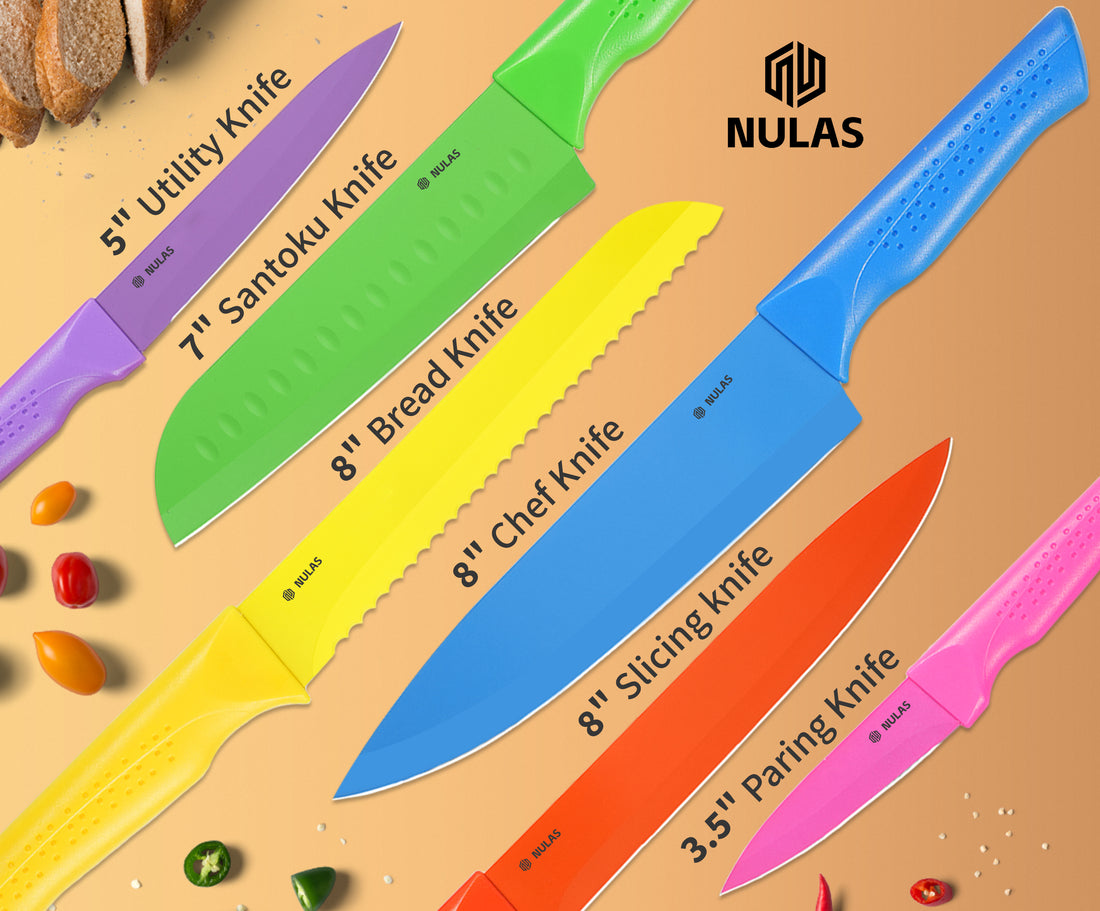 NULAS Knife Set, 12-PC Colorful Kitchen Knife Set, 6 Sharp Kitchen Knives with Built-in Sharpener Covers for Cooking, Cutting&Chopping (Multicolor)