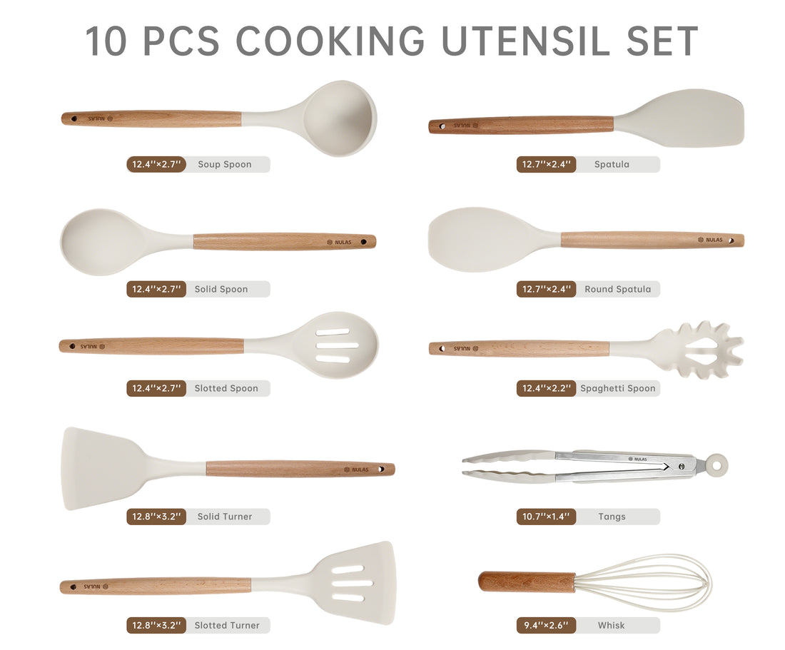 NULAS Silicone Cooking Utensils Set 10 Pcs - BPA Free Kitchen Utensil Set with Heat-Resistant Wood Handles, Non-Scratch Spatula Set Safe for Nonstick Cookware (White)