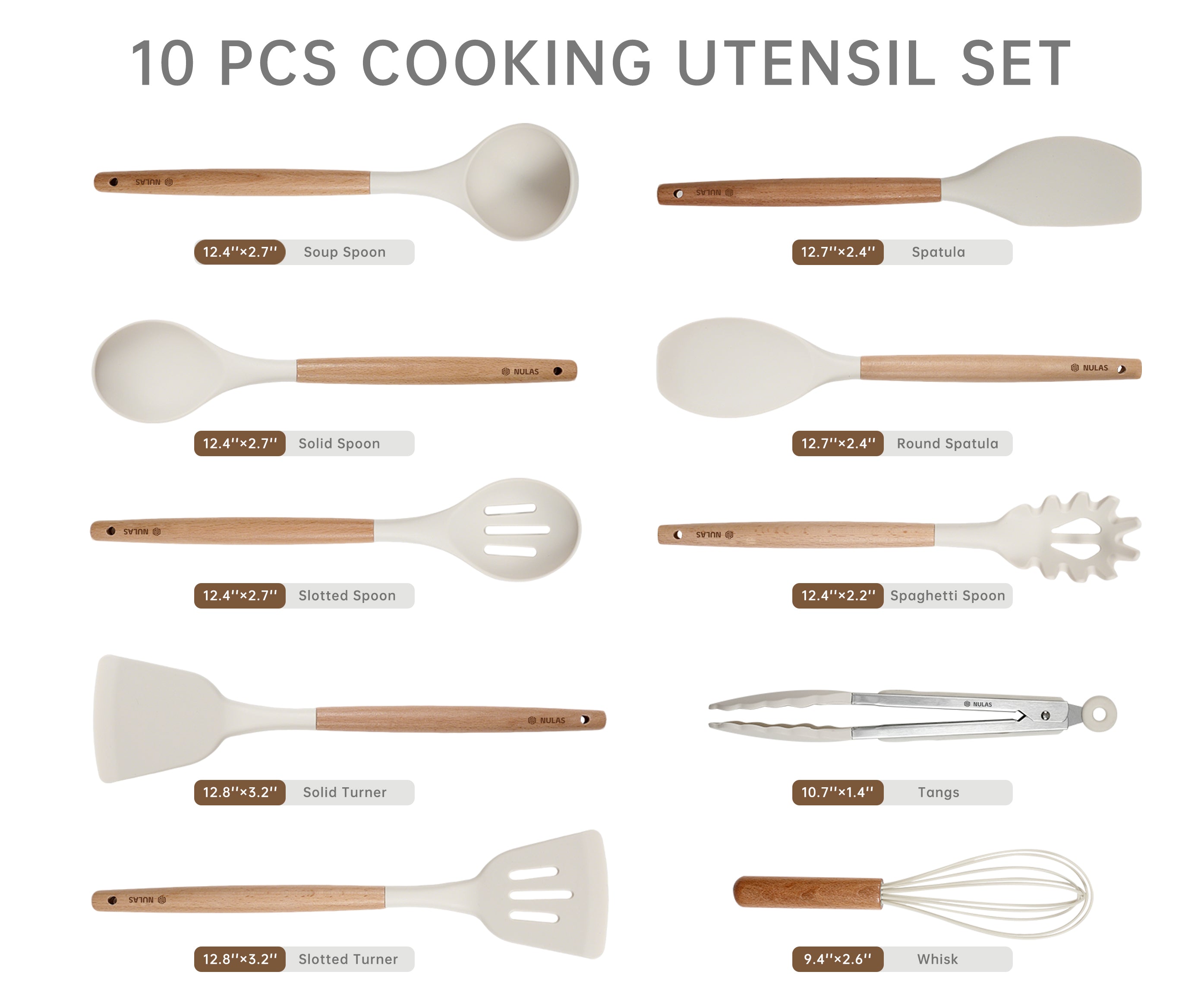 NULAS Silicone Cooking Utensils Set 10 Pcs - BPA Free Kitchen Utensil Set with Heat-Resistant Wood Handles, Non-Scratch Spatula Set Safe for Nonstick Cookware (White)