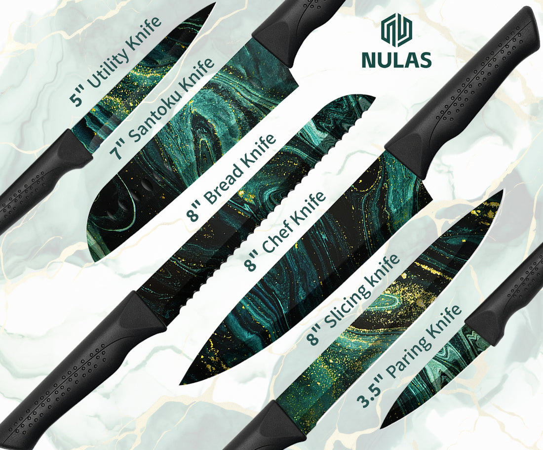 NULAS Knife Set, 12-PC Colorful Kitchen Knife Set, 6 Sharp Kitchen Knives with Covers for Cooking, Cutting&Chopping, Greenstone