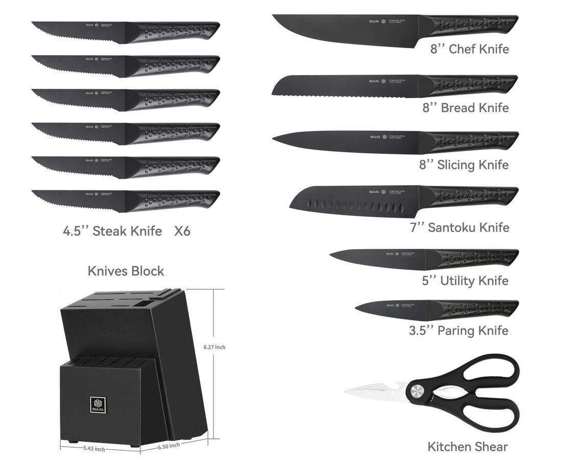 NULAS Knife Sets for Kitchen with Block, 15 Piece Knife Set with Built-in Sharpener, Dishwasher Safe, German Stainless Steel, Black