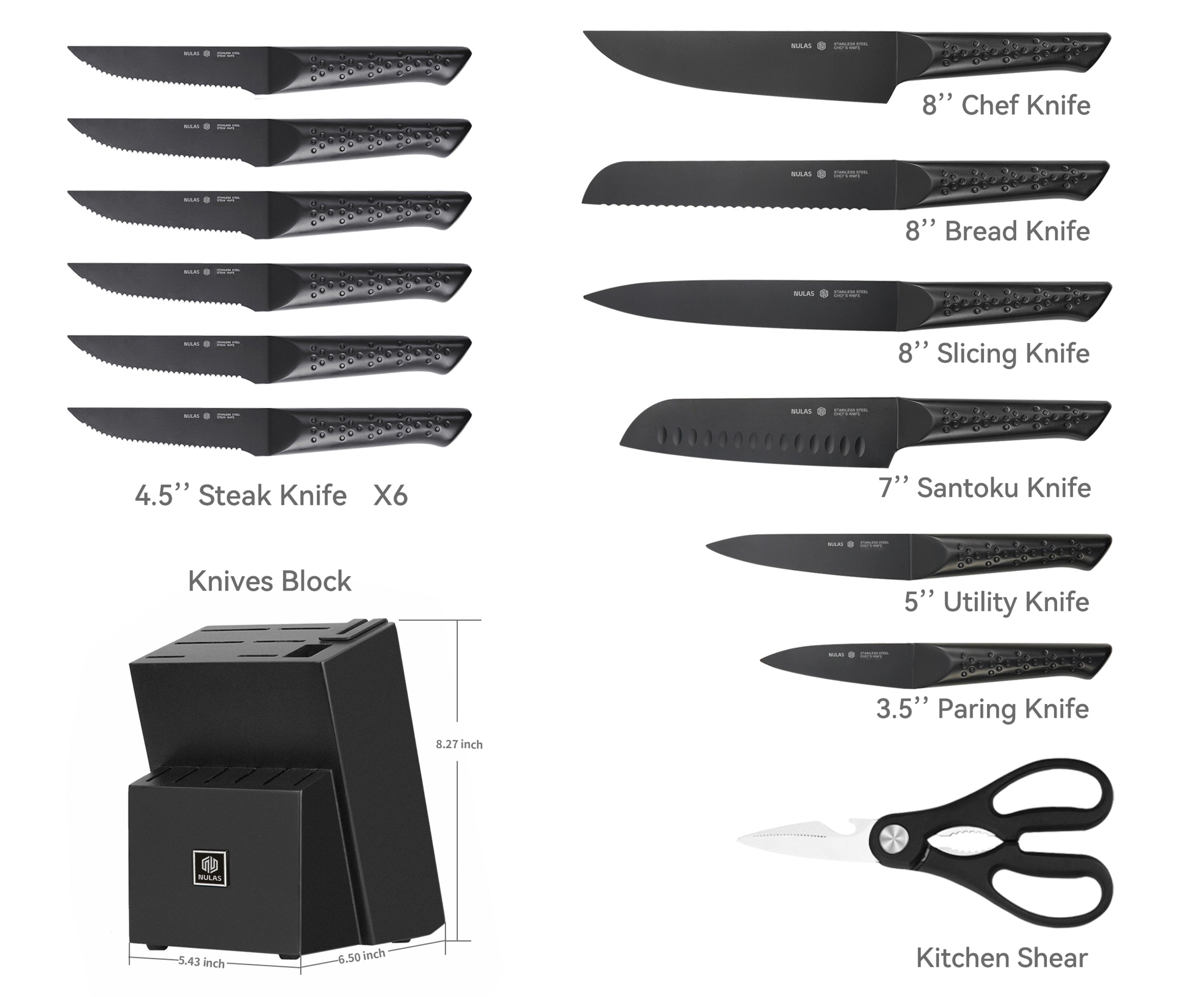 NULAS Knife Sets for Kitchen with Block, 15 Piece Knife Set with Built-in Sharpener, Dishwasher Safe, German Stainless Steel, Black
