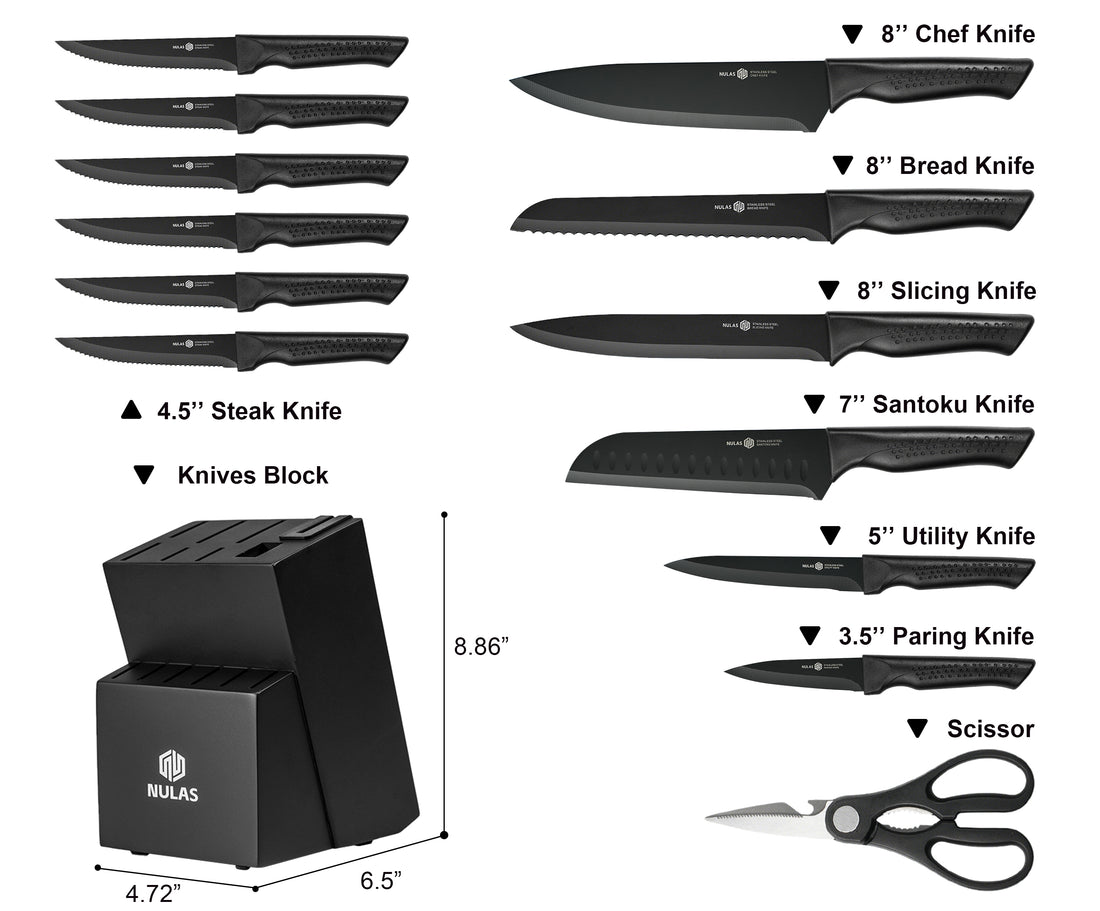NULAS Knife Set, 15 Pcs Kitchen Knife Set with Block Self Sharpening, Dishwasher Safe, 6 Steak Knives, Anti-slip handle, Black