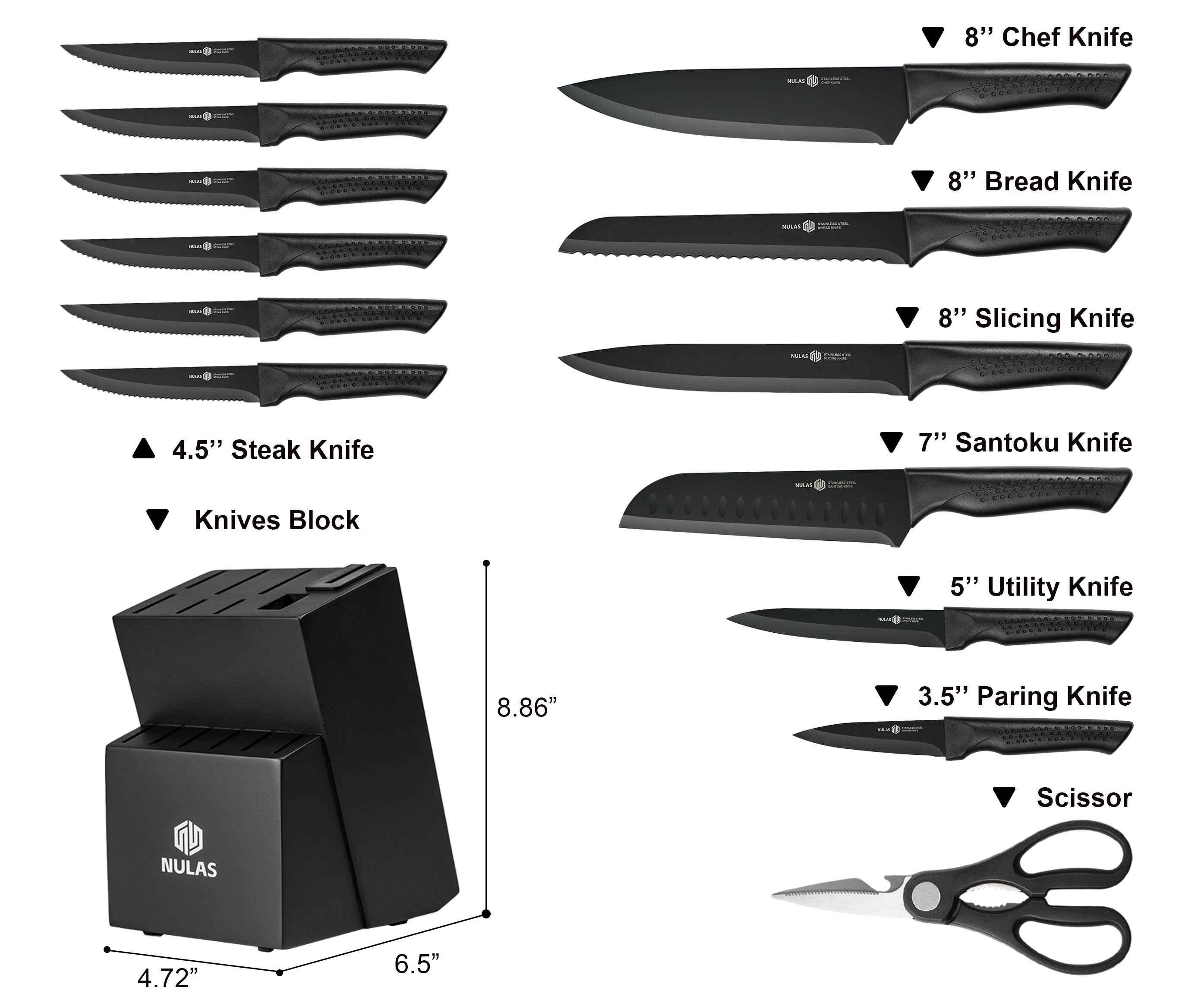 NULAS Knife Set, 15 Pcs Kitchen Knife Set with Block Self Sharpening, Dishwasher Safe, 6 Steak Knives, Anti-slip handle, Black