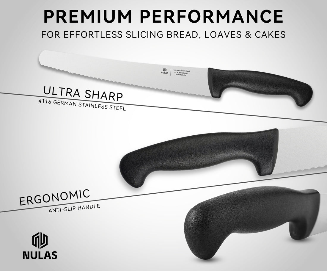 NULAS Bread Knife, 10 inch Serrated Sourdough Slicer Cutter for Homemade Bread, 1.4116 German Steel, Ergonomic Anti-slip Handle (Black, 10 inch)