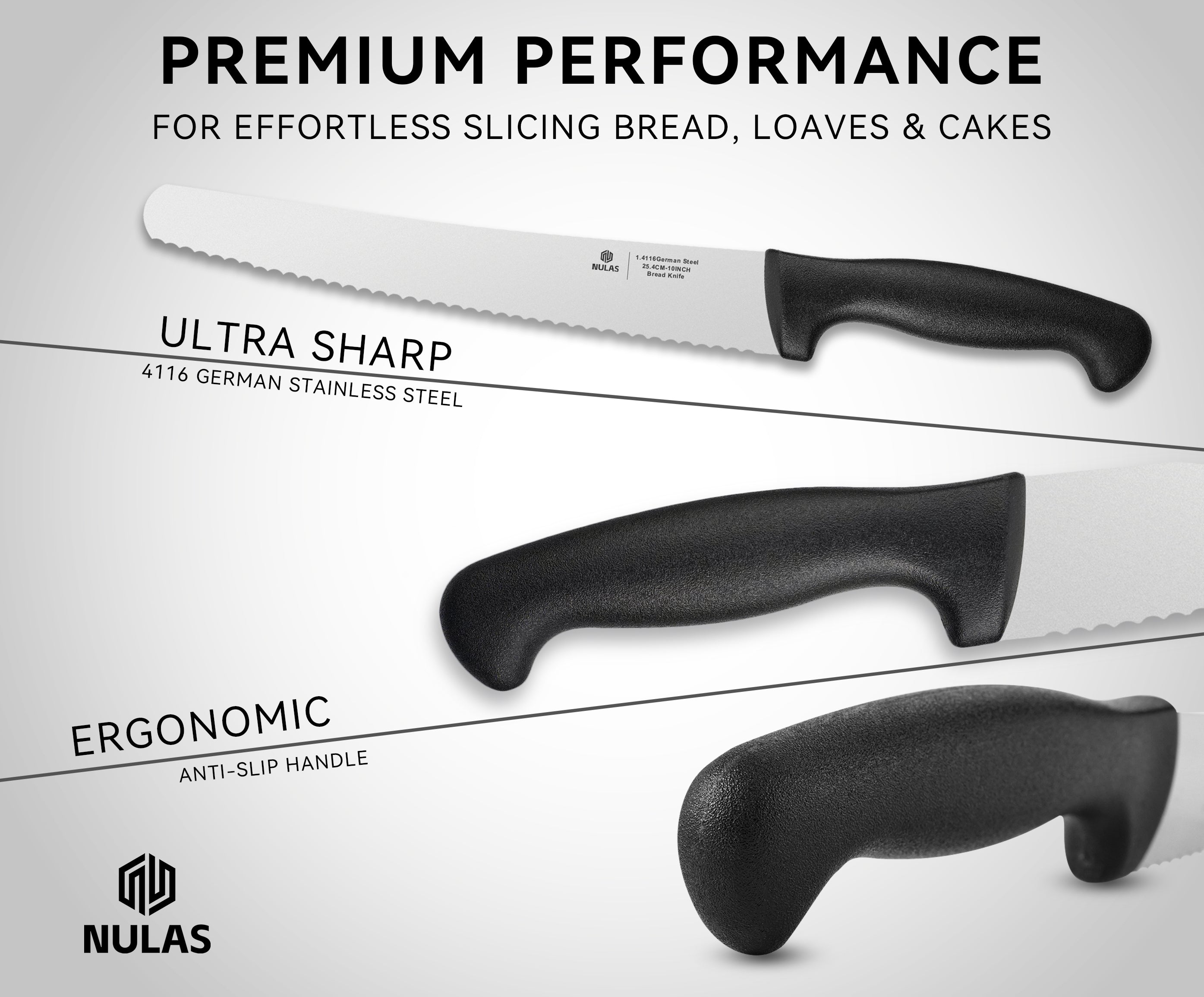 NULAS Bread Knife, 10 inch Serrated Sourdough Slicer Cutter for Homemade Bread, 1.4116 German Steel, Ergonomic Anti-slip Handle (Black, 10 inch)
