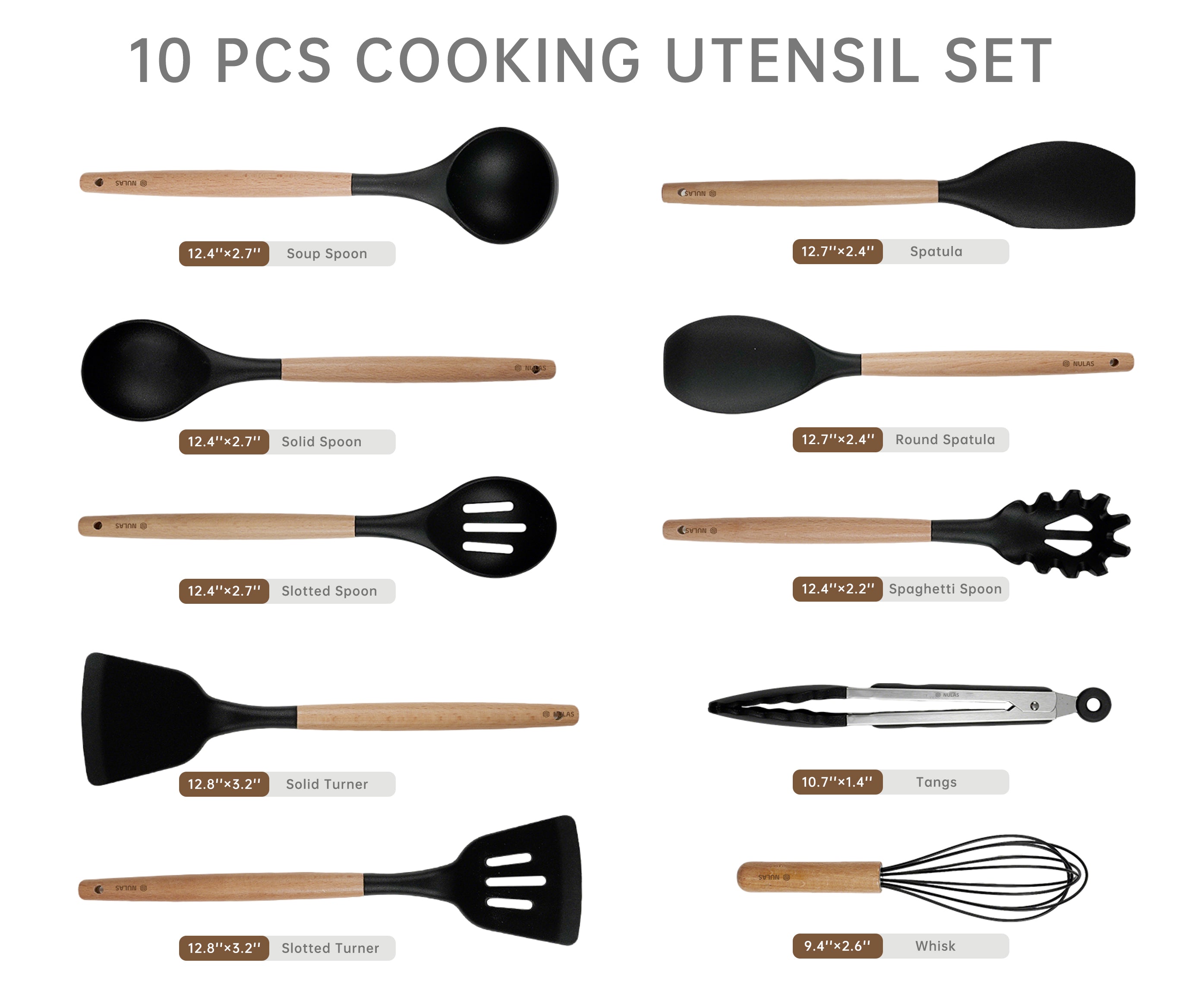 NULAS Silicone Cooking Utensils Set 10 Pcs - BPA Free Kitchen Utensil Set with Heat-Resistant Wood Handles, Non-Scratch Spatula Set Safe for Nonstick Cookware (Black)