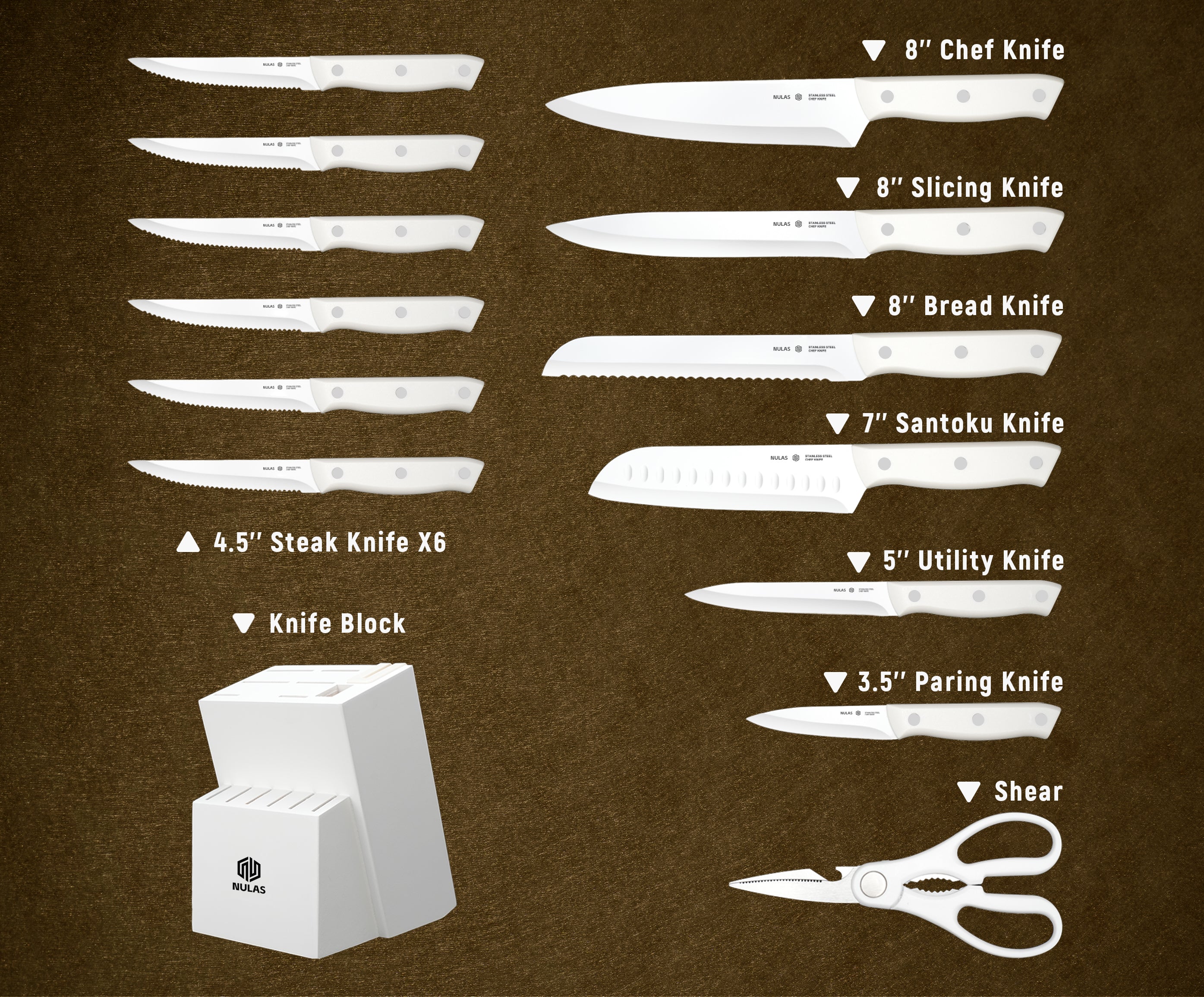 NULAS Knife Set, 15 Piece Kitchen Knife Set with Block and Built-in Sharpener, Dishwasher Safe, Anti-slip Handle, White