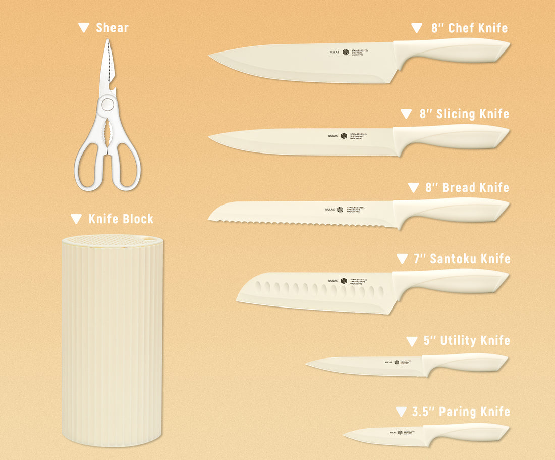 NULAS Knife Set, 8-Piece Kitchen Knife Set for Chef, Sharp Knife Set with Universal Knife Block, Anti-Rust Kitchen Knife Block Set, Ergonomical Design (White)