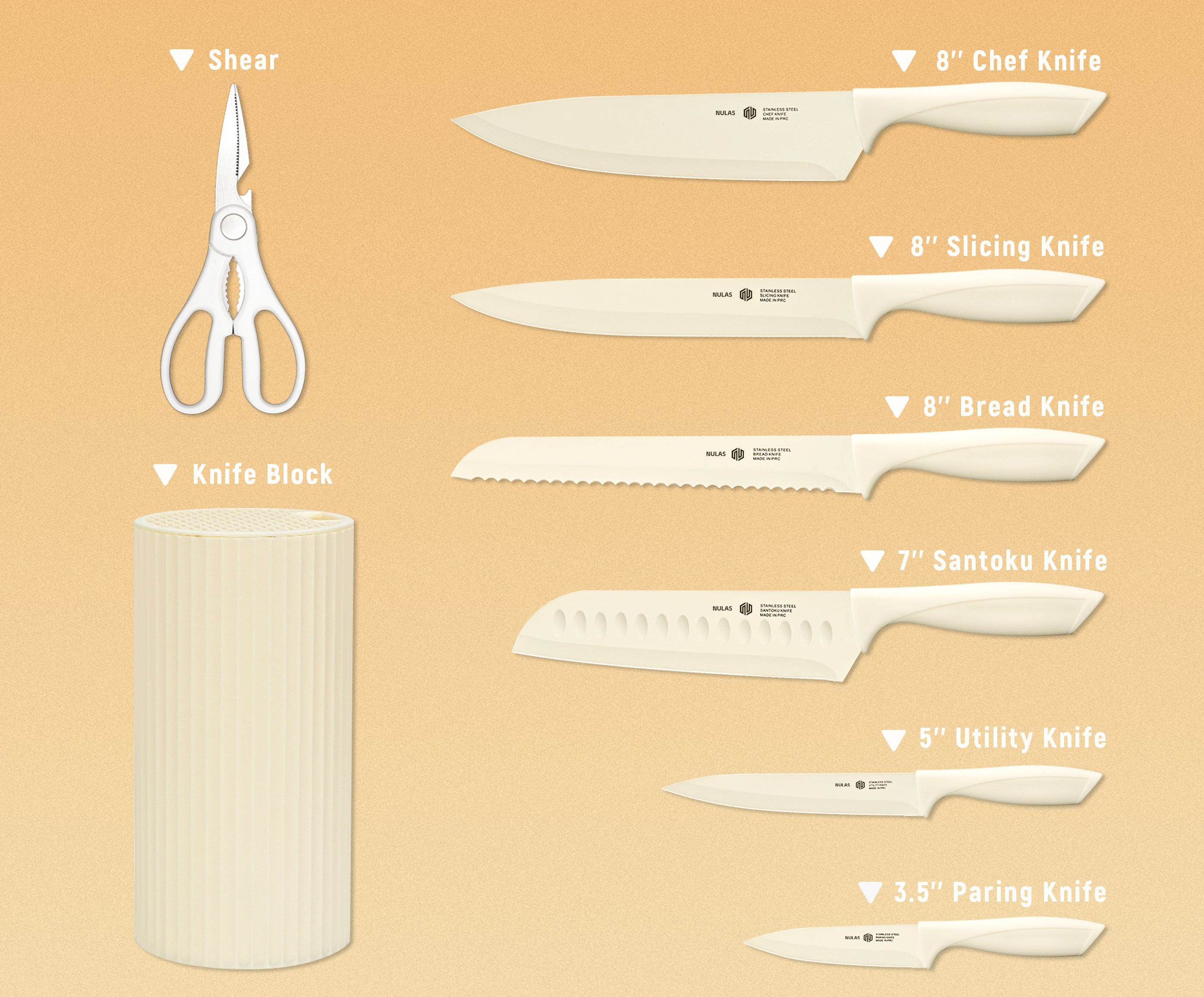 NULAS Knife Set, 8-Piece Kitchen Knife Set for Chef, Sharp Knife Set with Universal Knife Block, Anti-Rust Kitchen Knife Block Set, Ergonomical Design (White)