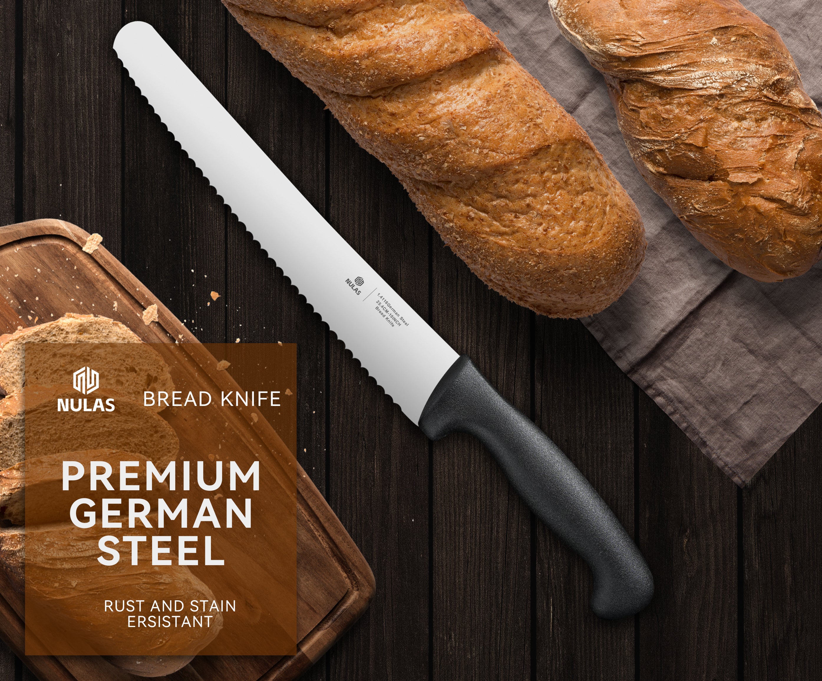 NULAS Bread Knife, 10 inch Serrated Sourdough Slicer Cutter for Homemade Bread, 1.4116 German Steel, Ergonomic Anti-slip Handle (Black, 10 inch)