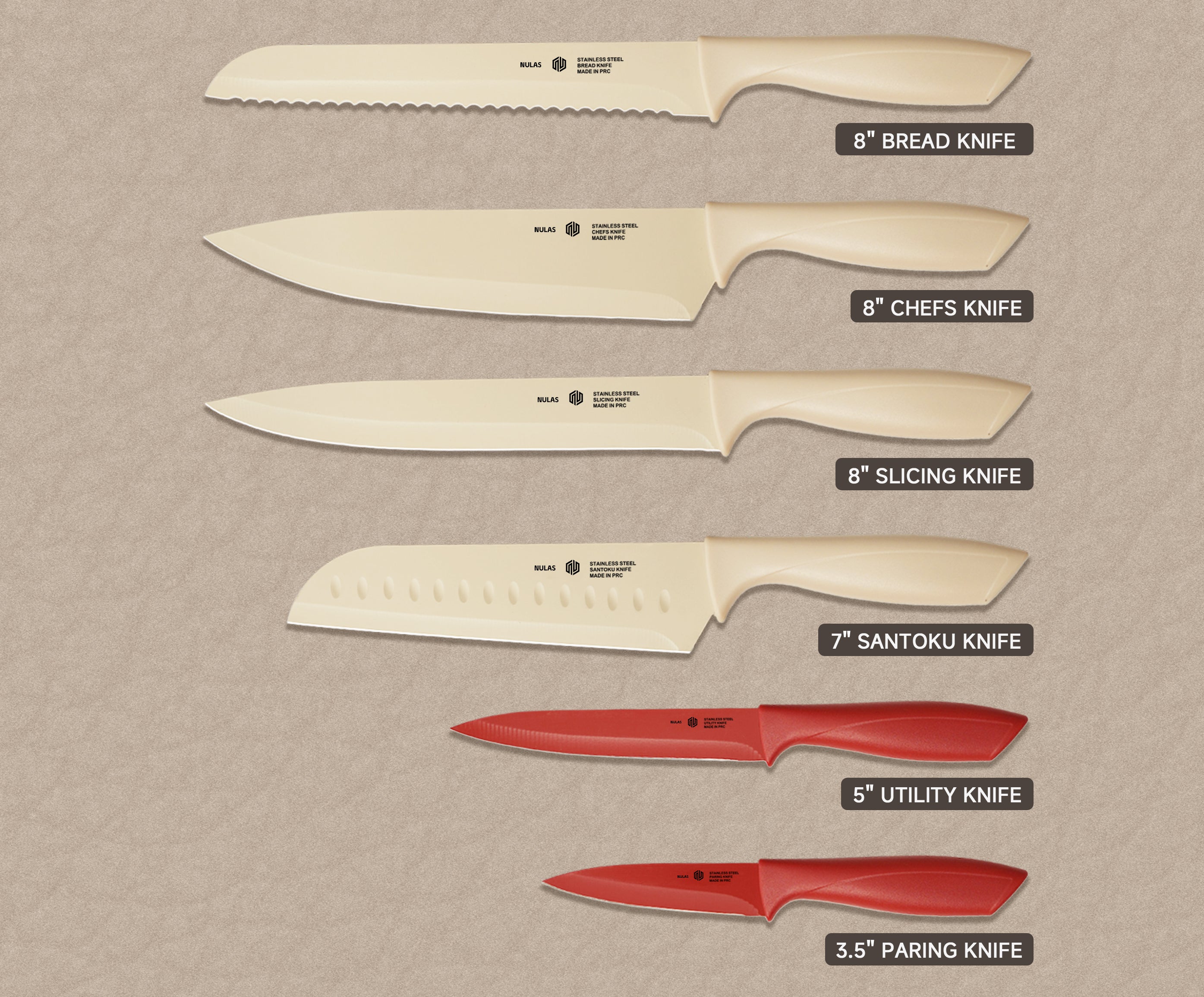 NULAS Colorful Kitchen Knife Set, 6 Sharp Kitchen Knives with Covers for Cooking, Cutting&Chopping , Stainless  Steel Knives ,Beige