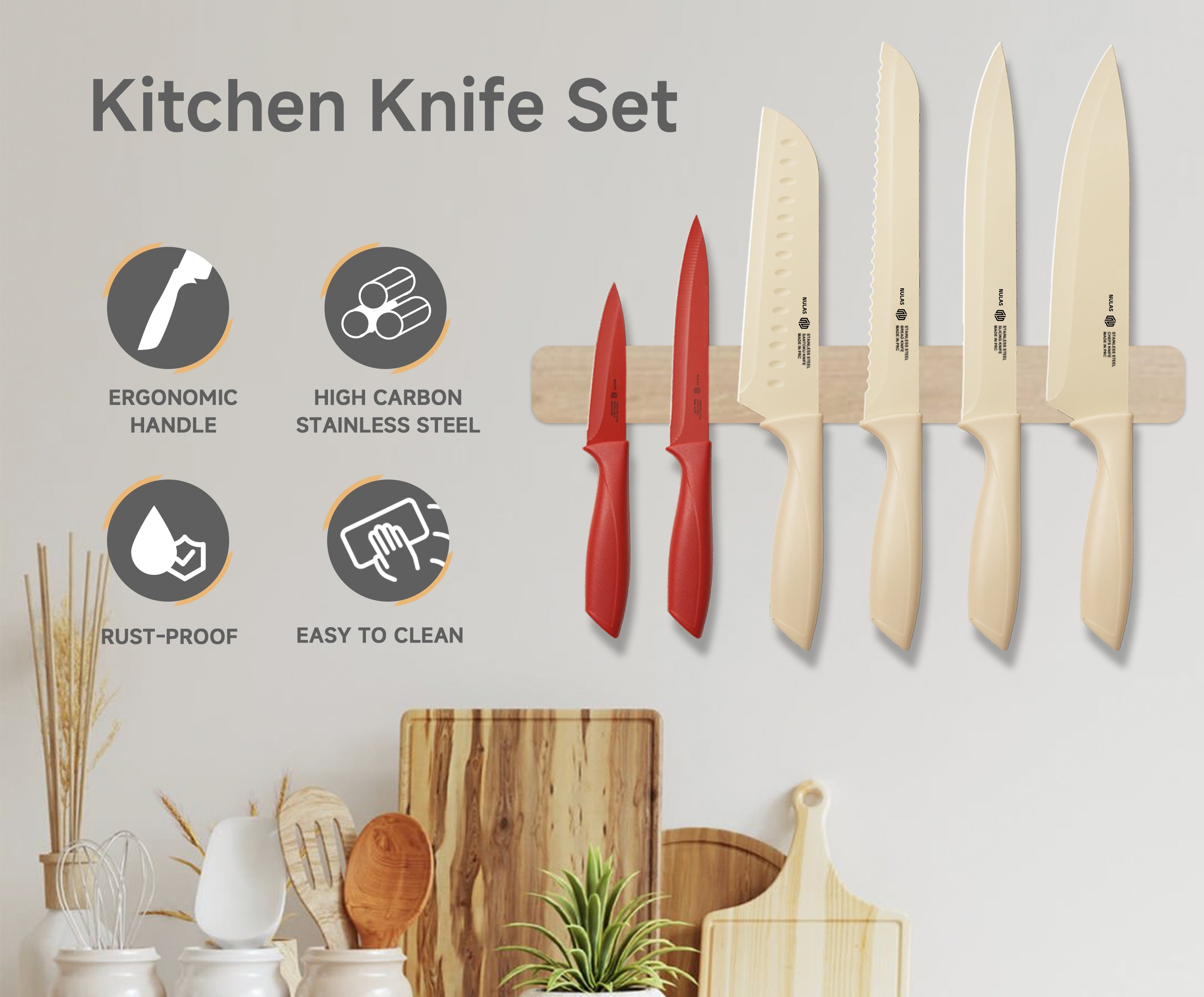 NULAS Colorful Kitchen Knife Set, 6 Sharp Kitchen Knives with Covers for Cooking, Cutting&Chopping , Stainless  Steel Knives ,Beige