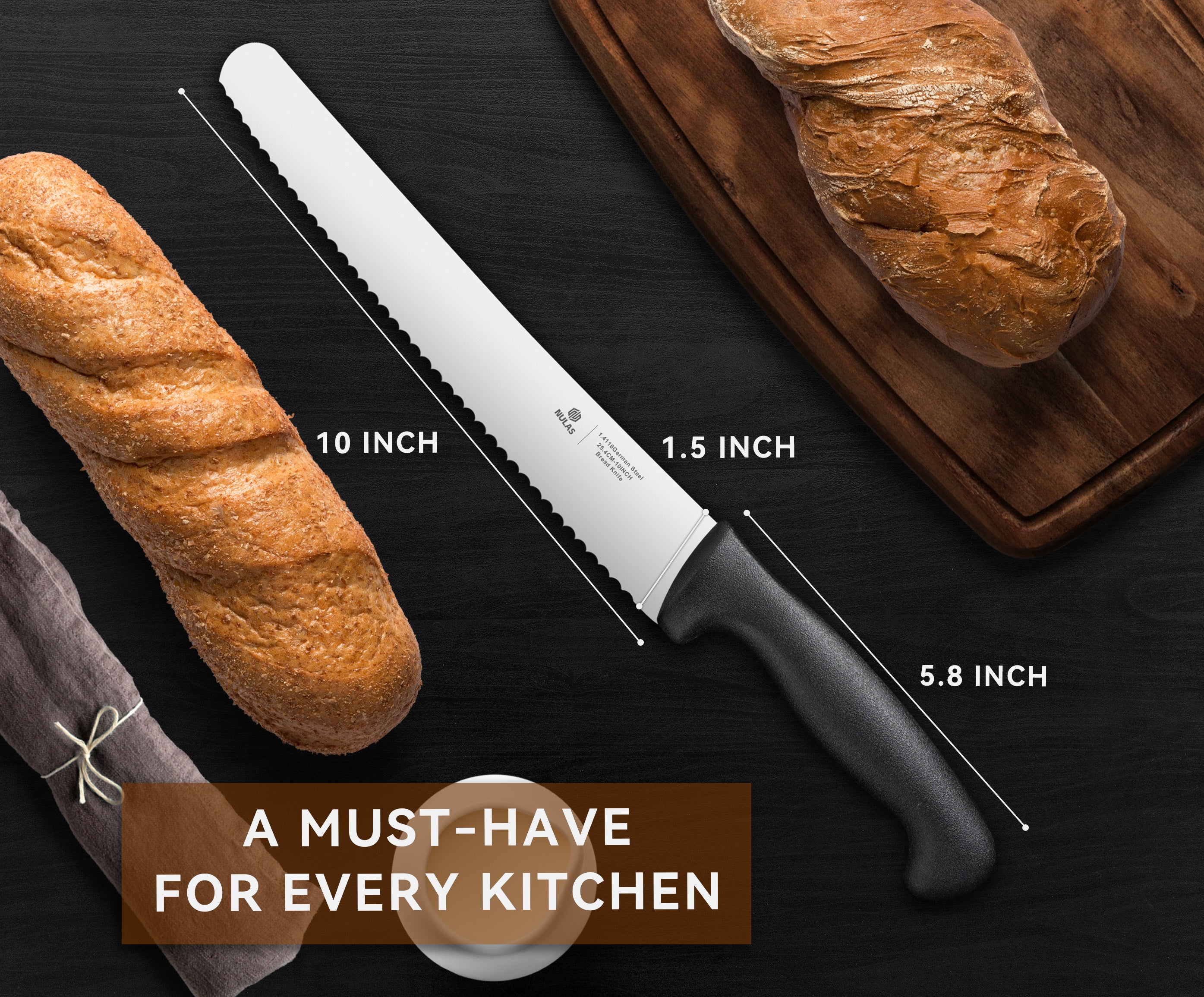 NULAS Bread Knife, 10 inch Serrated Sourdough Slicer Cutter for Homemade Bread, 1.4116 German Steel, Ergonomic Anti-slip Handle (Black, 10 inch)