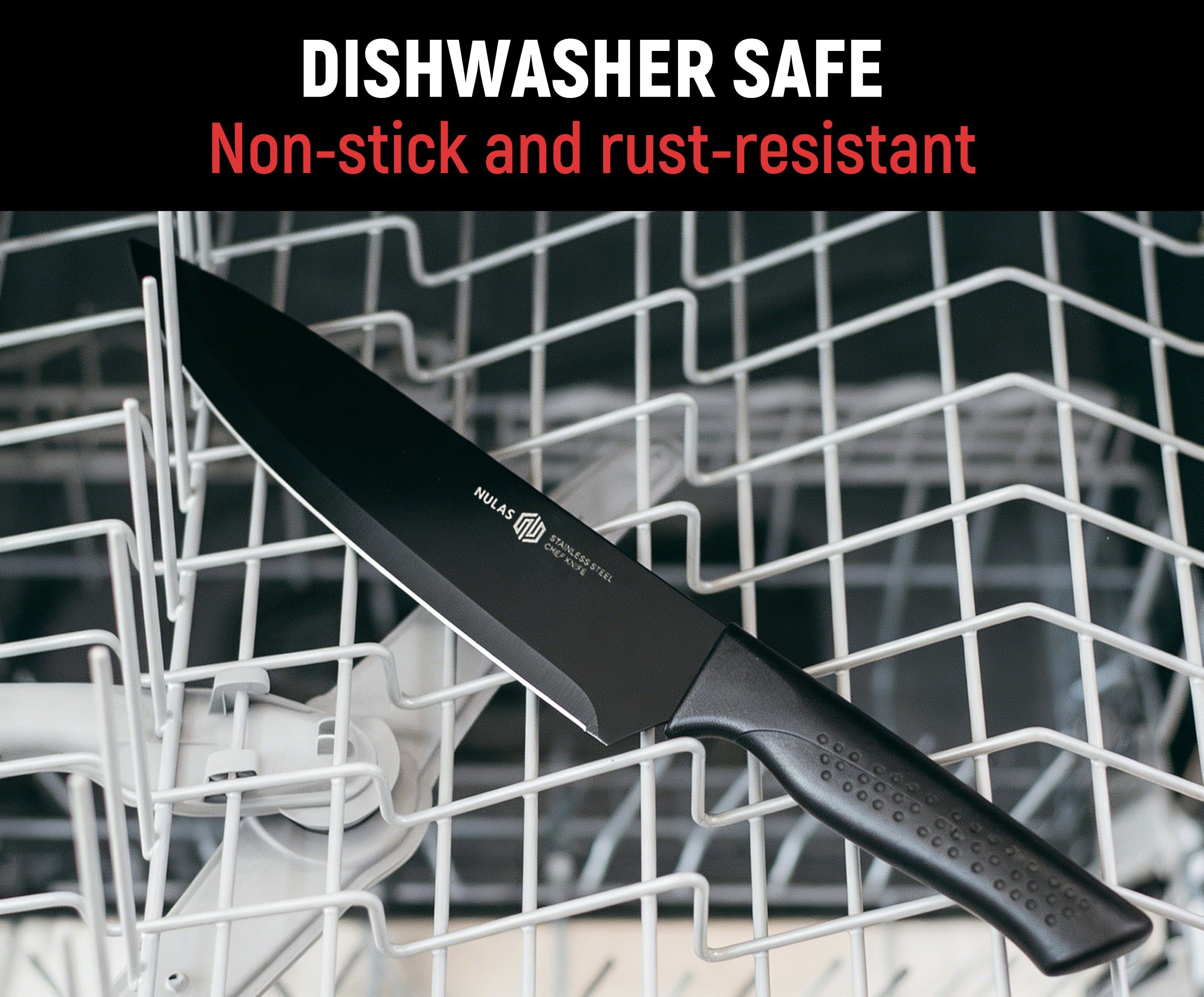 NULAS Knife Set, 15 Pcs Kitchen Knife Set with Block Self Sharpening, Dishwasher Safe, 6 Steak Knives, Anti-slip handle, Black