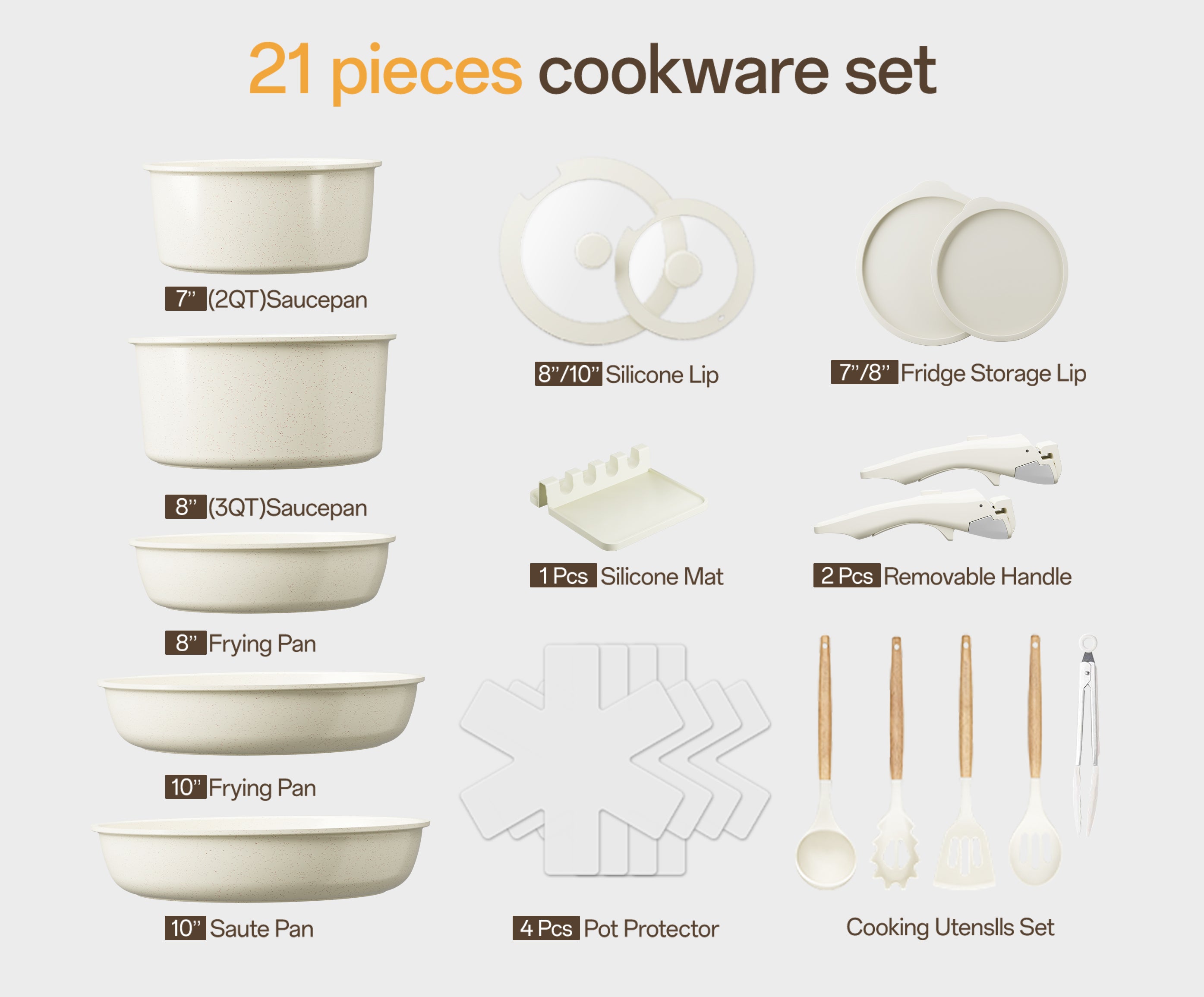 NULAS 20-Piece Nonstick  Pots and Pans Cookware Set with Detachable Handles, Dishwasher Safe, Stackable Space-Saving Design for Kitchen & RV, White