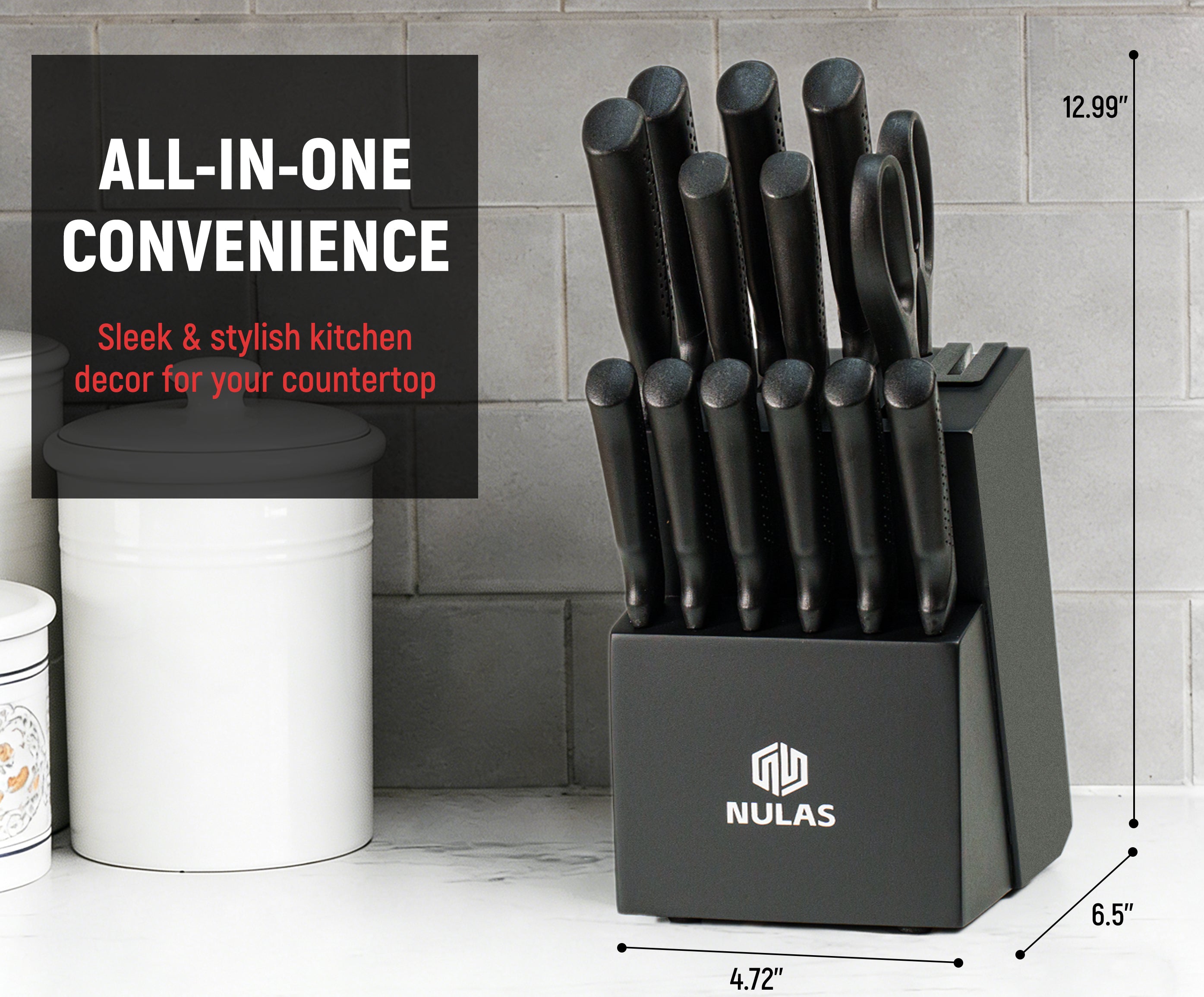 NULAS Knife Set, 15 Pcs Kitchen Knife Set with Block Self Sharpening, Dishwasher Safe, 6 Steak Knives, Anti-slip handle, Black