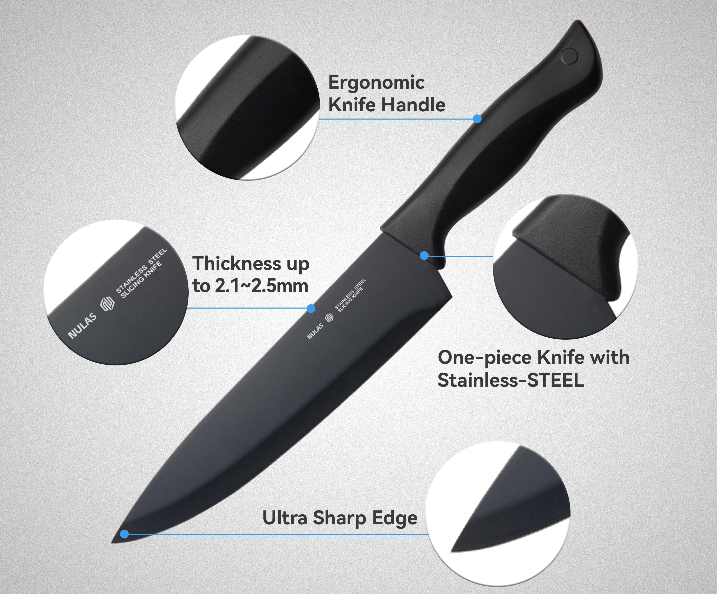 NULAS 15 Pcs Kitchen Knife Set with Block Self Sharpening, Dishwasher Safe, Anti-slip Handle, Black