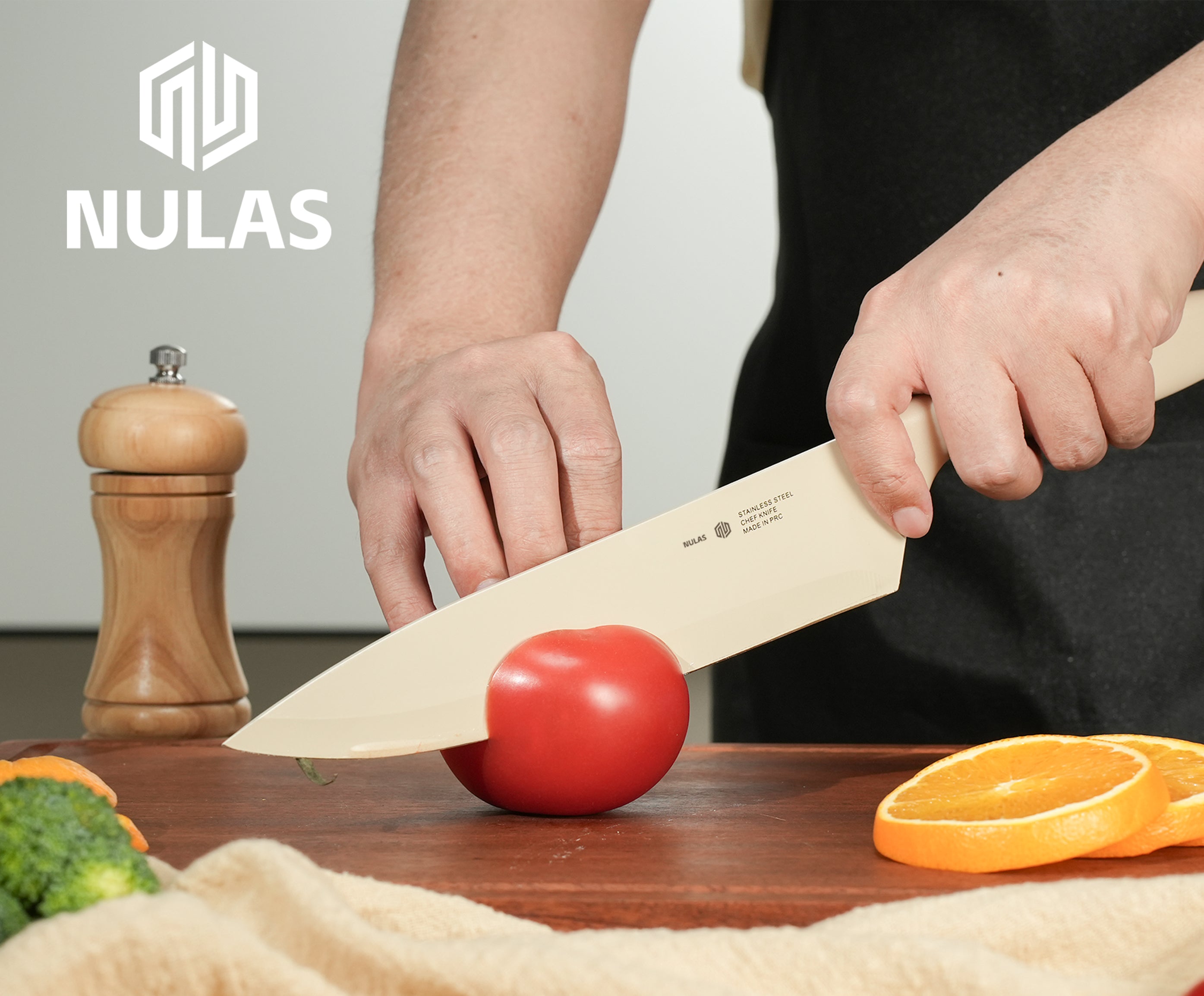NULAS Colorful Kitchen Knife Set, 6 Sharp Kitchen Knives with Covers for Cooking, Cutting&Chopping , Stainless  Steel Knives ,Beige