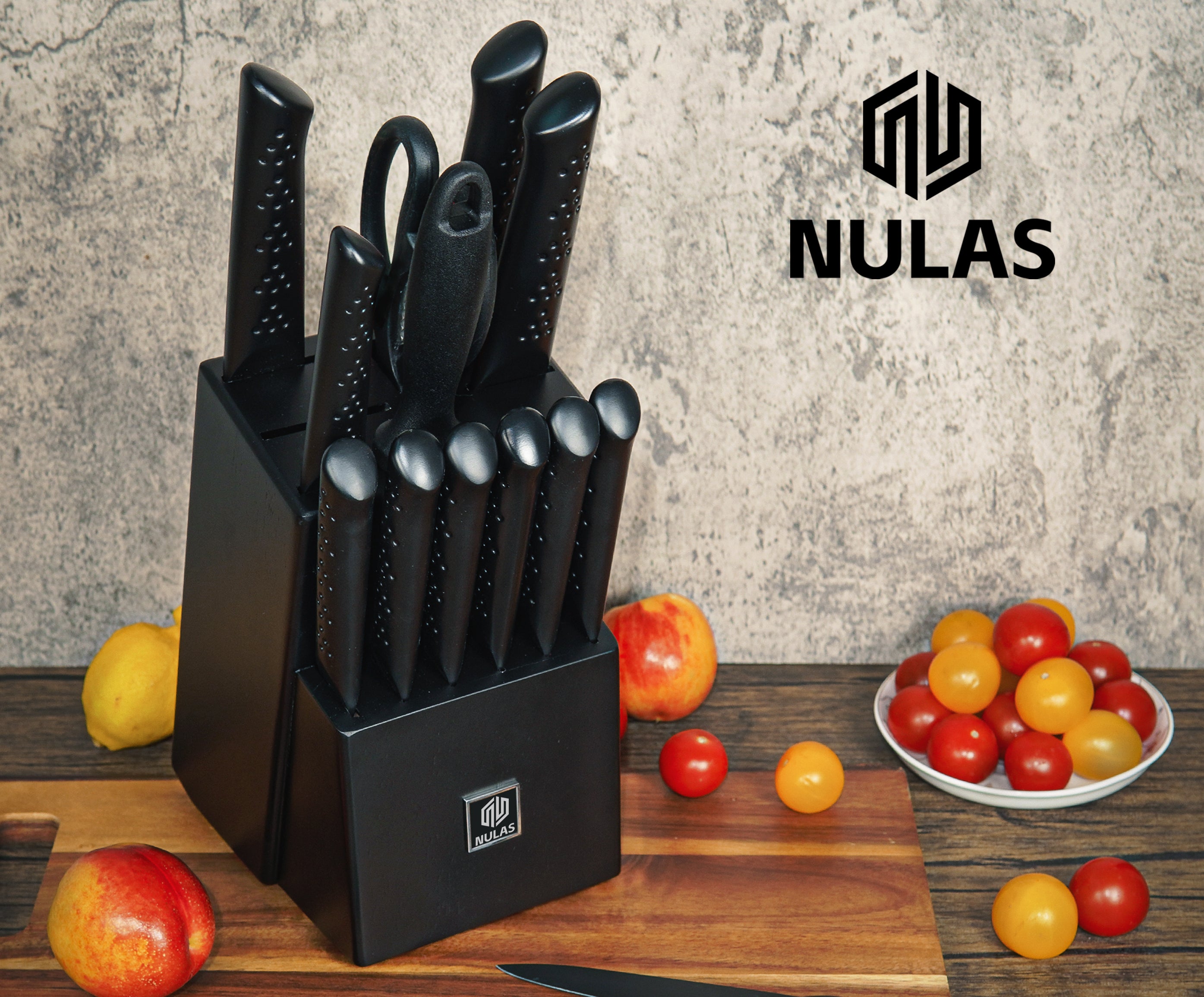 NULAS Knife Sets for Kitchen with Block, 15 Piece Knife Set with Built-in Sharpener, Dishwasher Safe, German Stainless Steel, Black