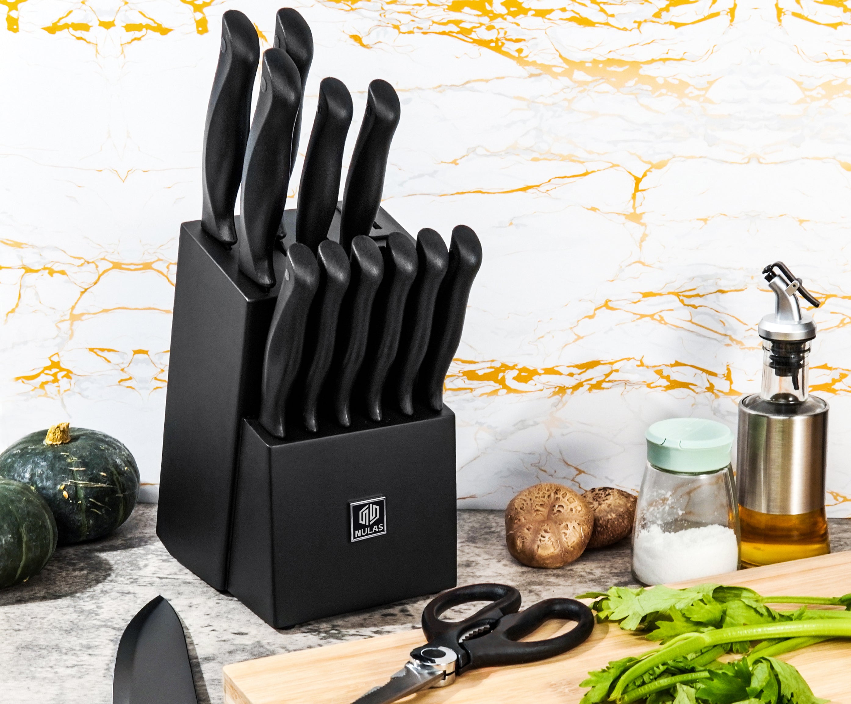 NULAS 15 Pcs Kitchen Knife Set with Block Self Sharpening, Dishwasher Safe, Anti-slip Handle, Black