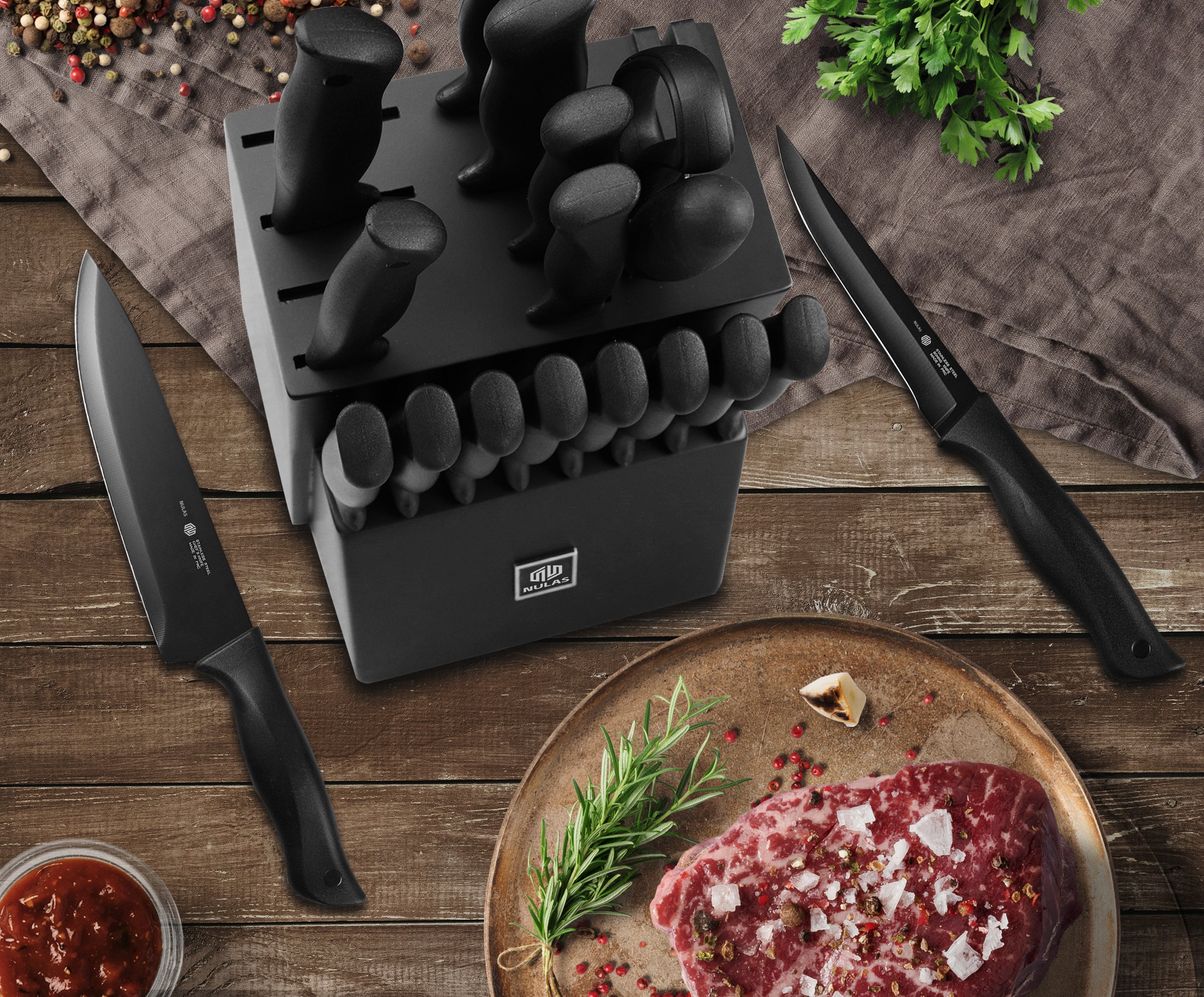 NULAS Knife Sets for Kitchen with Block, 19 Pcs Kitchen Knife Set with Block Self Sharpening, Dishwasher Safe, Anti-slip Handle, Black