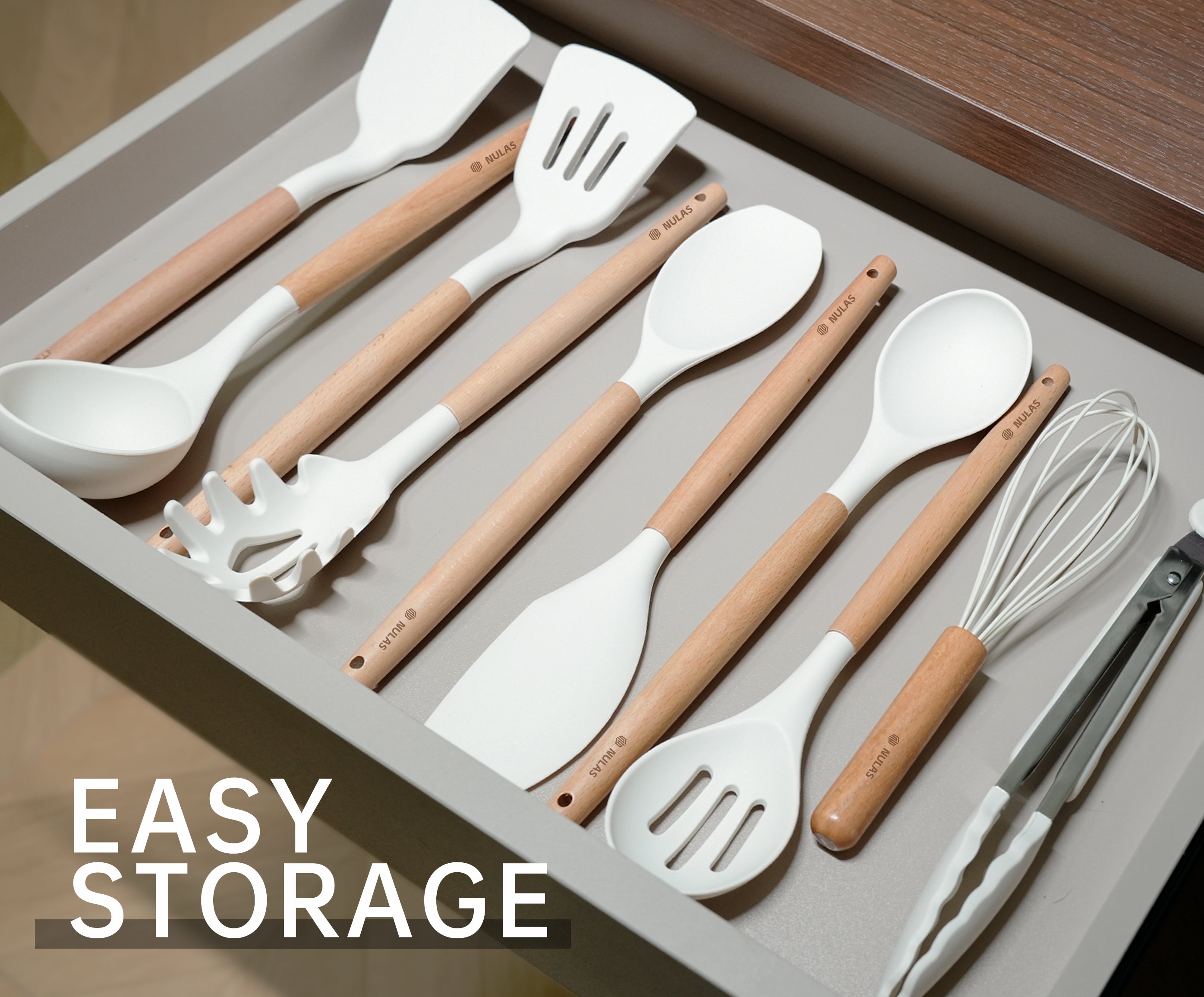 NULAS Silicone Cooking Utensils Set 10 Pcs - BPA Free Kitchen Utensil Set with Heat-Resistant Wood Handles, Non-Scratch Spatula Set Safe for Nonstick Cookware (White)