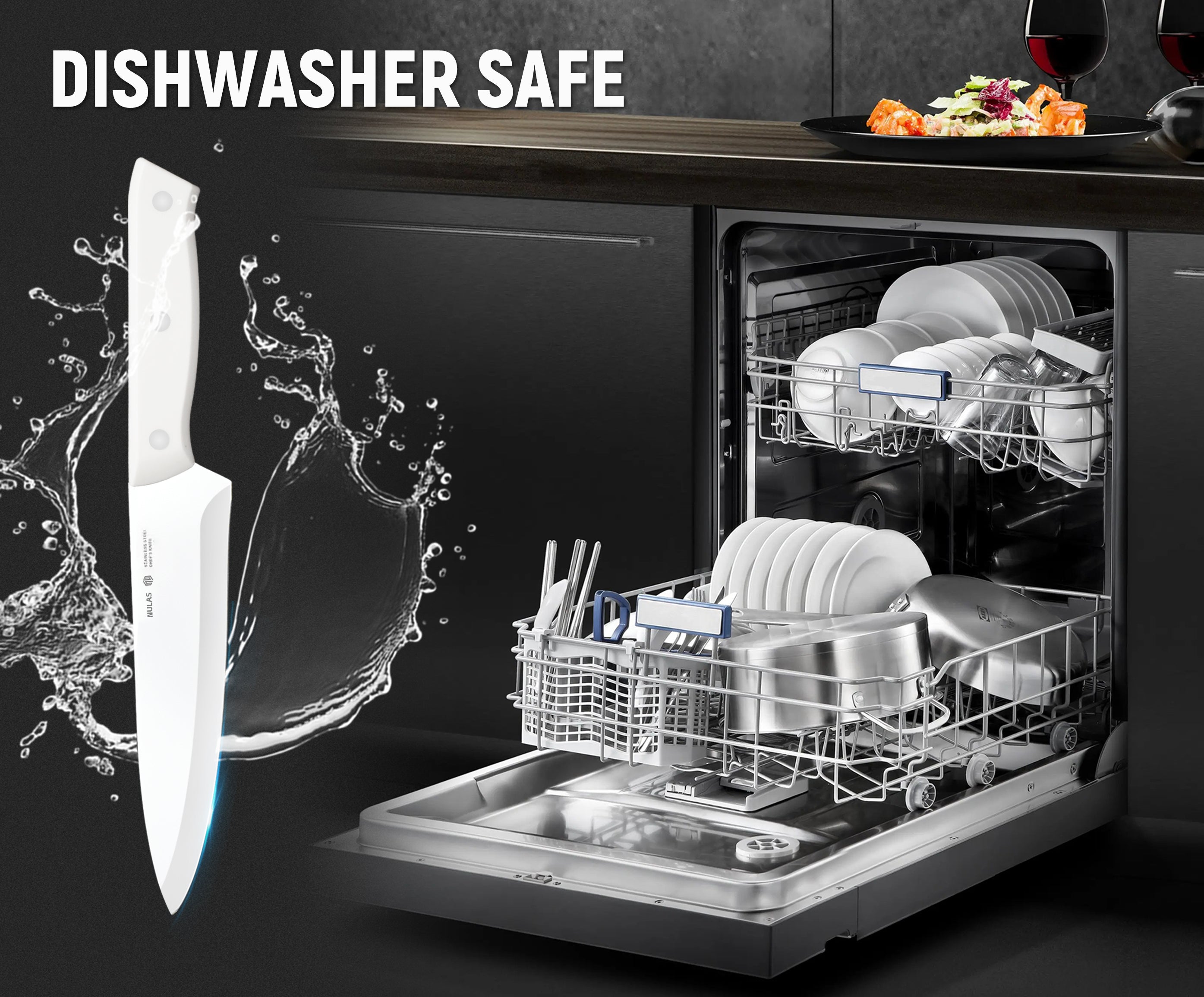 NULAS Knife Set, 15 Piece Kitchen Knife Set with Block and Built-in Sharpener, Dishwasher Safe, Anti-slip Handle, White
